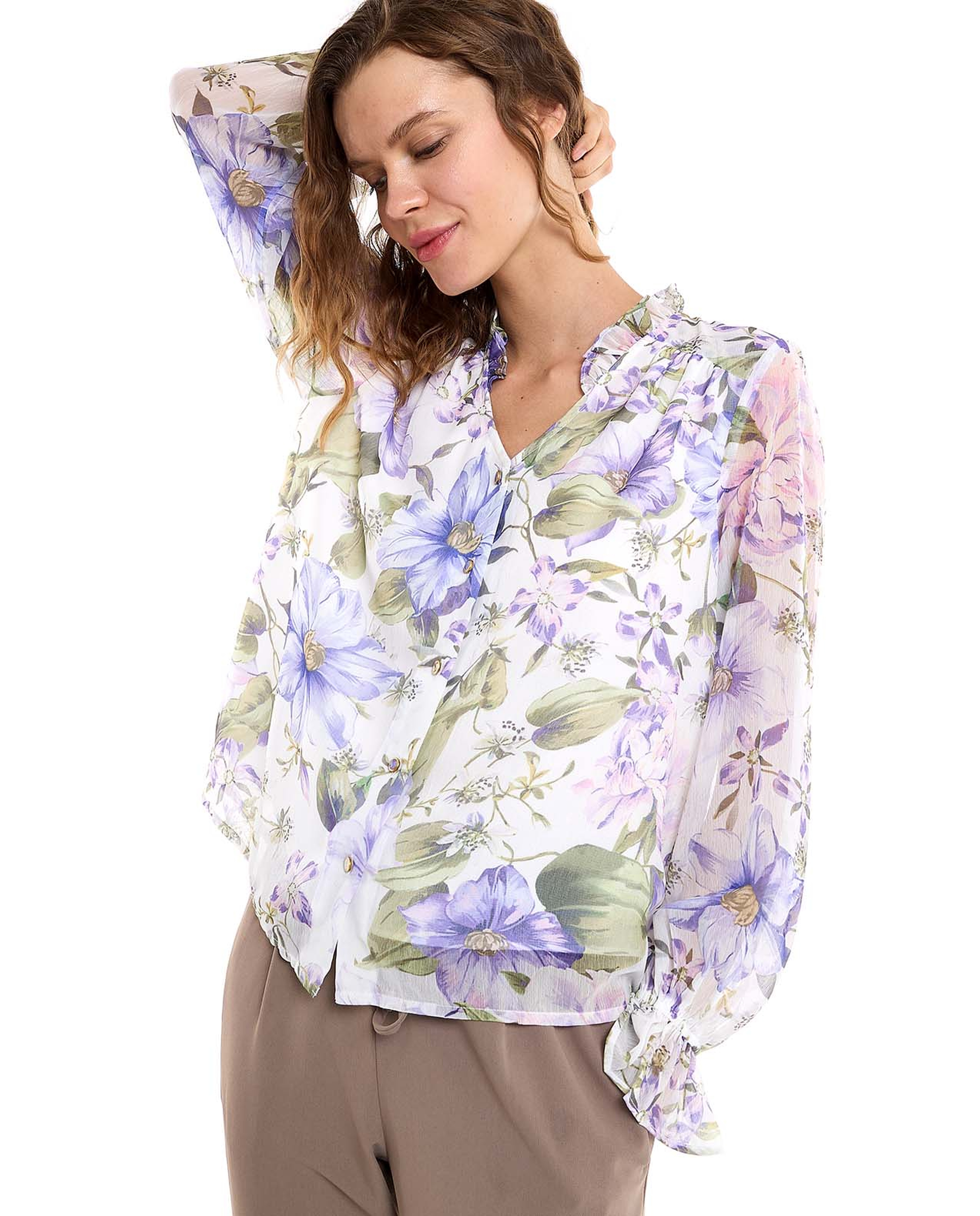 Floral Print Top with V-Neck and Long Sleeves