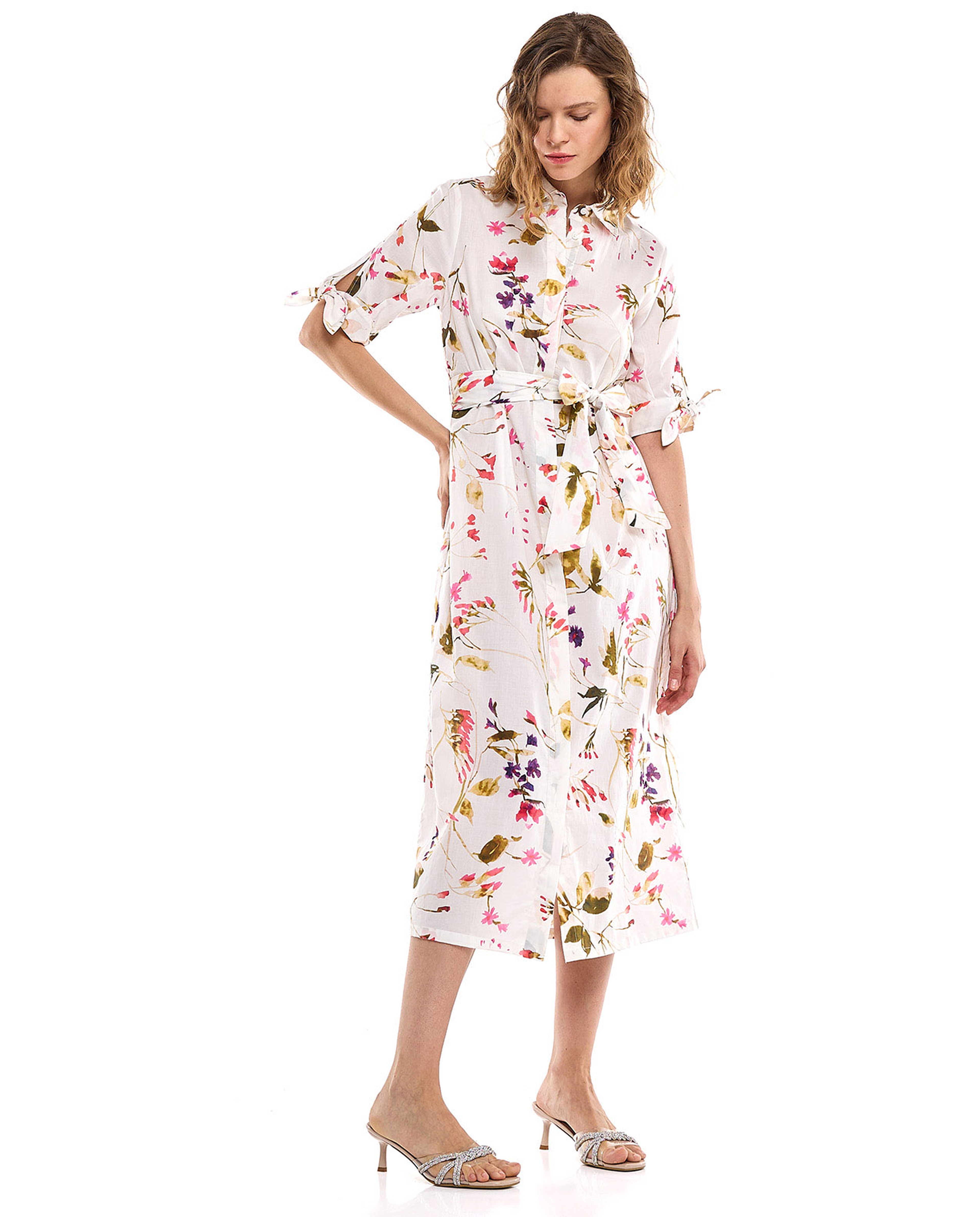 Floral Print Shirt Dress with Short Sleeves