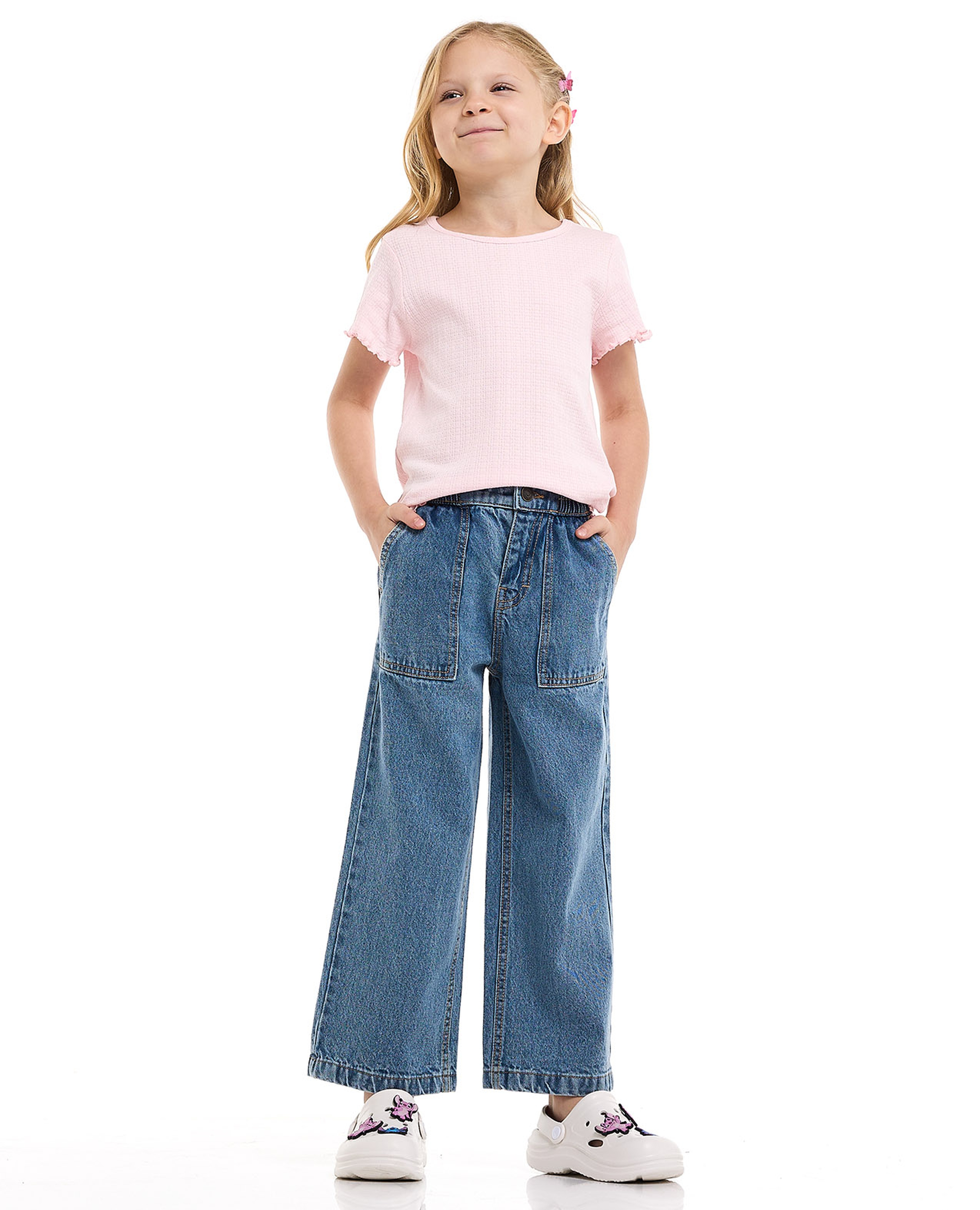 Washed Wide Leg Jeans with Button Closure