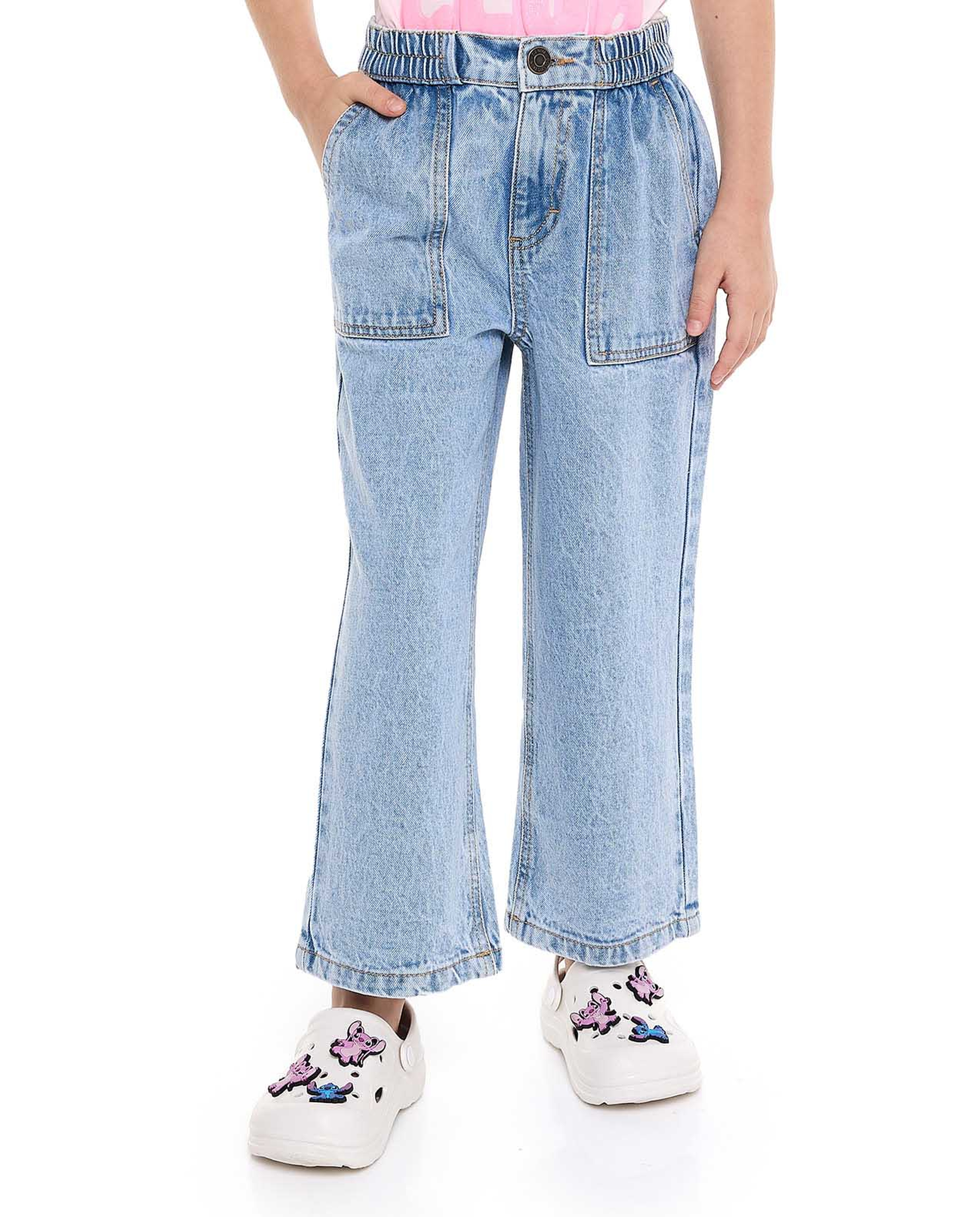 Washed Wide Leg Jeans with Button Closure