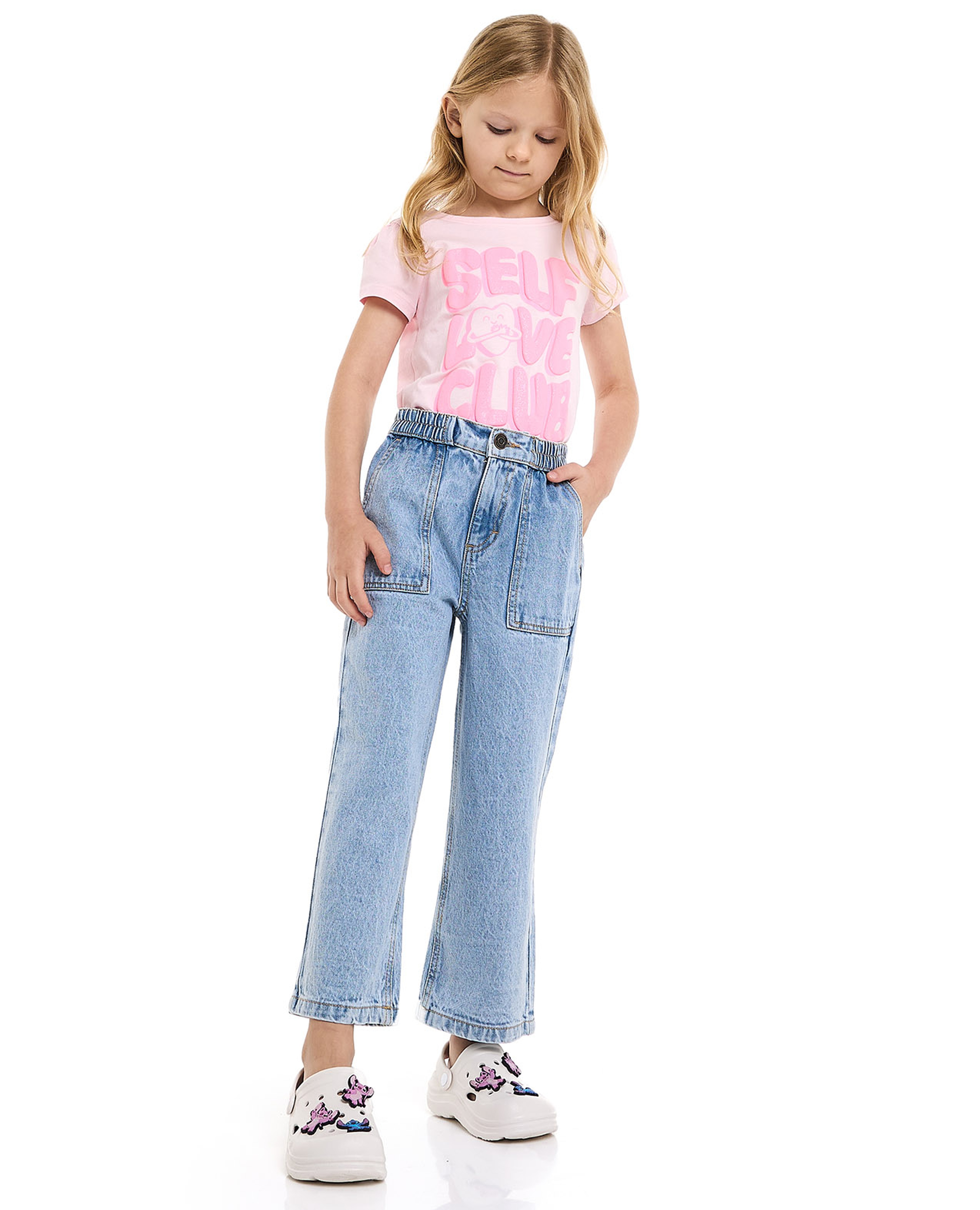 Washed Wide Leg Jeans with Button Closure