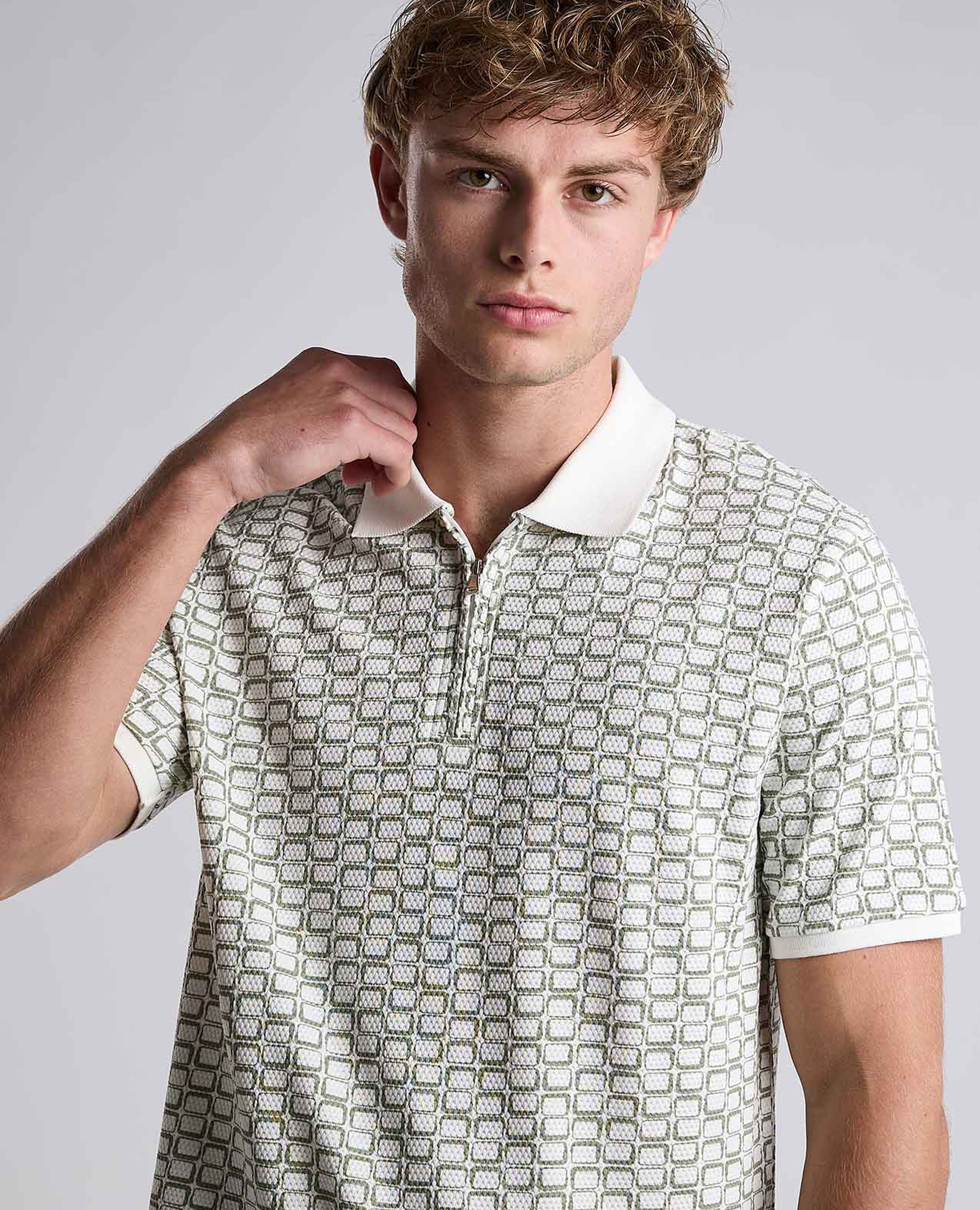 Patterned Polo T-Shirt with Shirt Collar and Short Sleeves