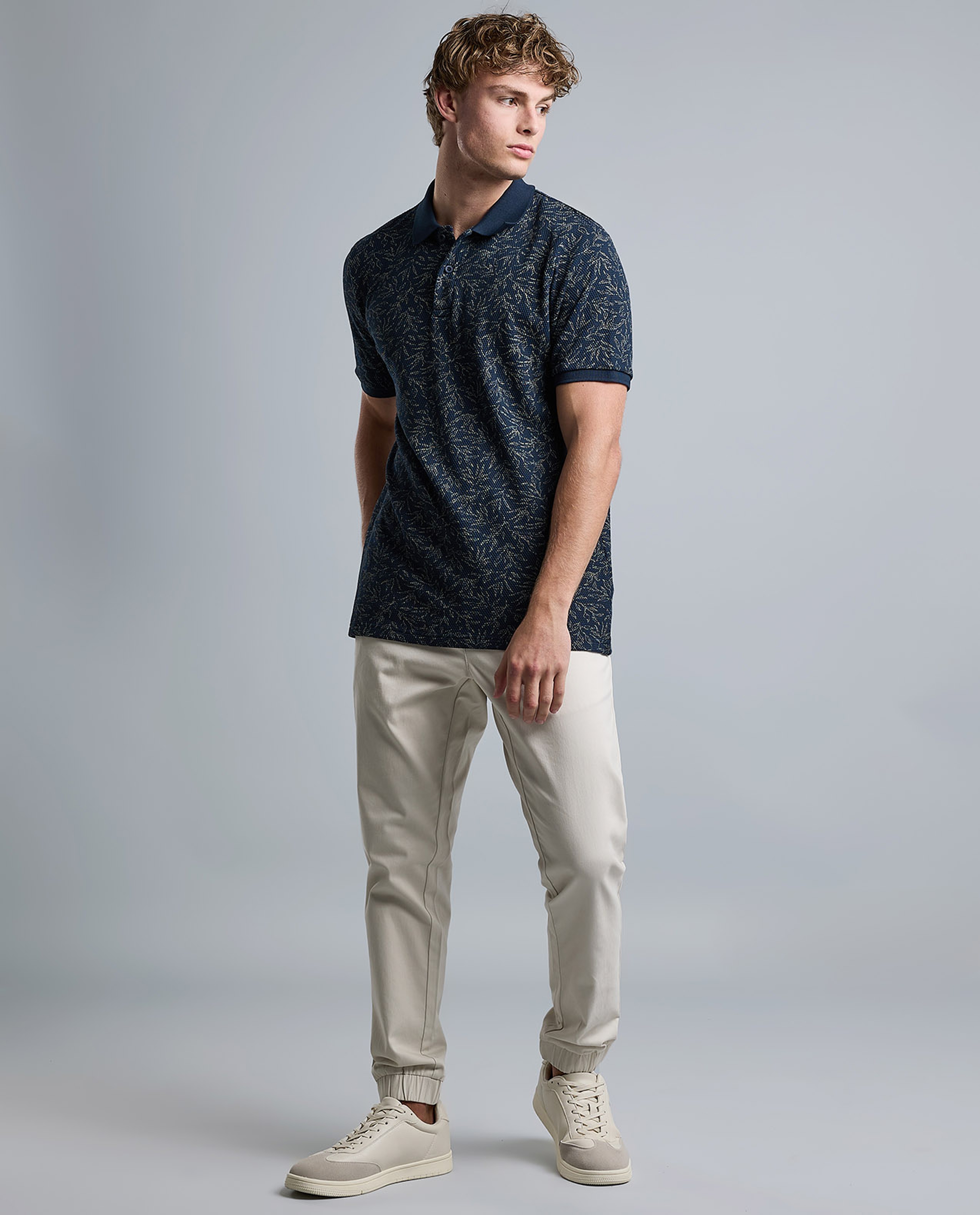 Patterned Polo T-Shirt with Shirt Collar and Short Sleeves