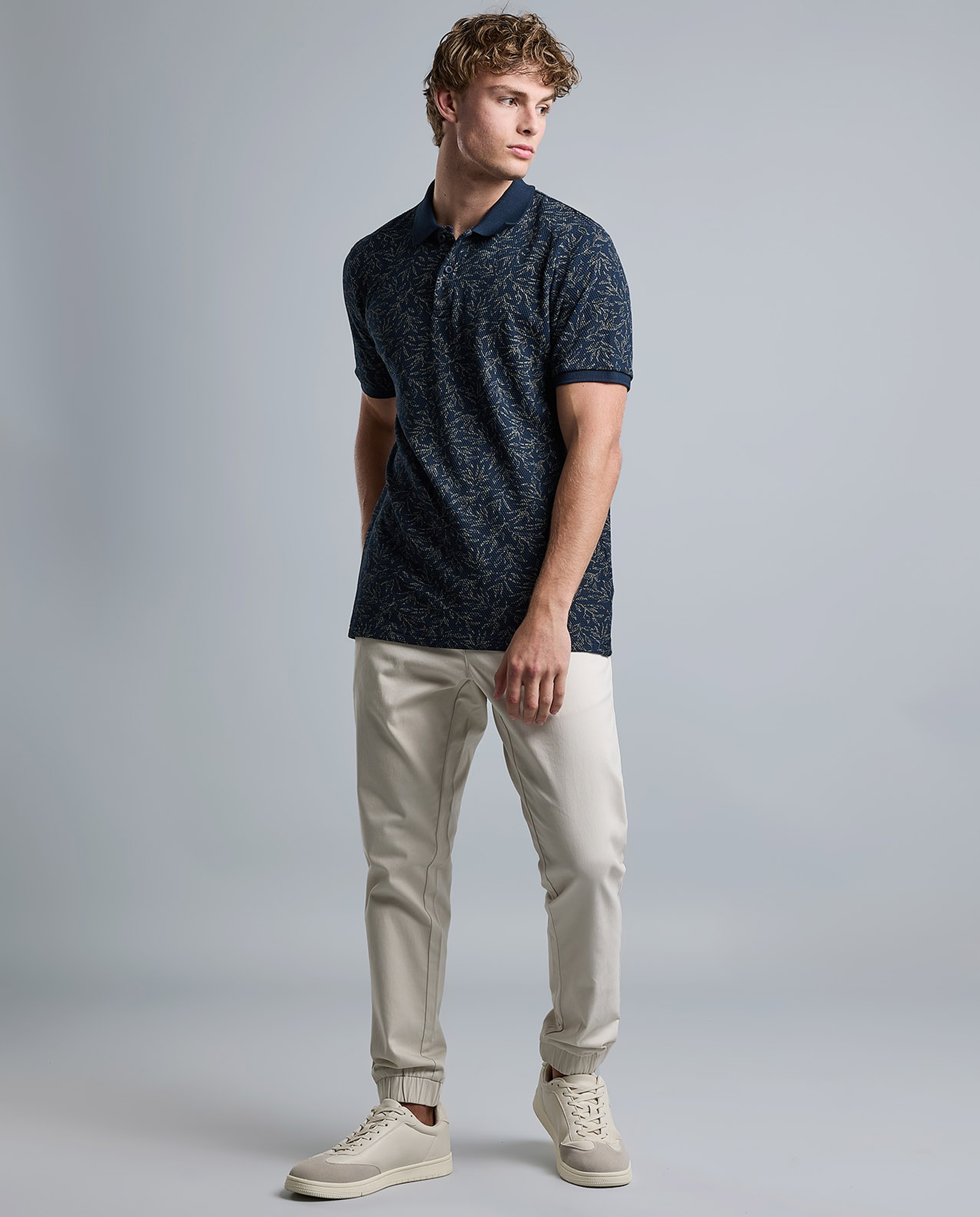Patterned Polo T-Shirt with Shirt Collar and Short Sleeves
