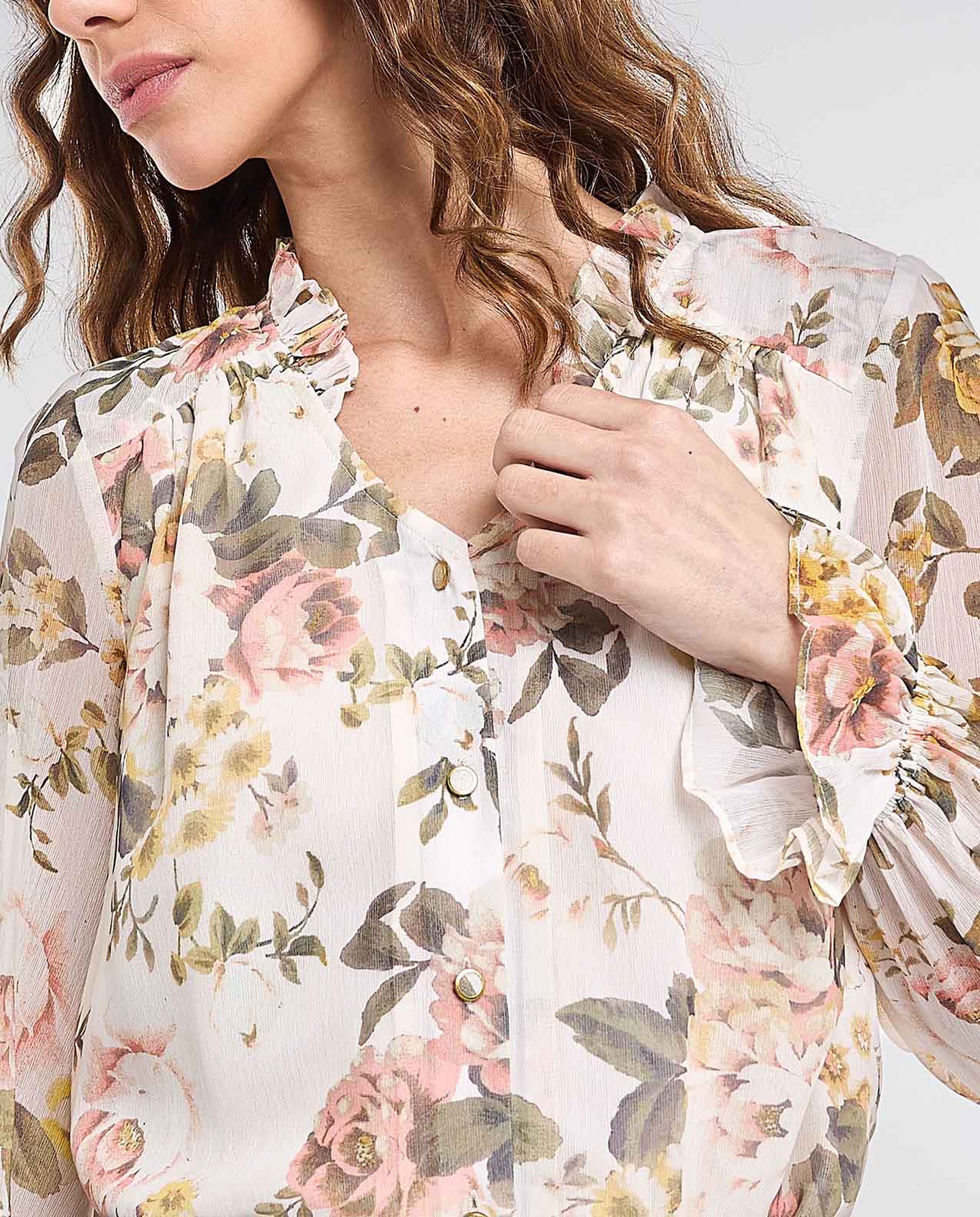 Floral Printed Top with Stand Collar and Long Sleeves