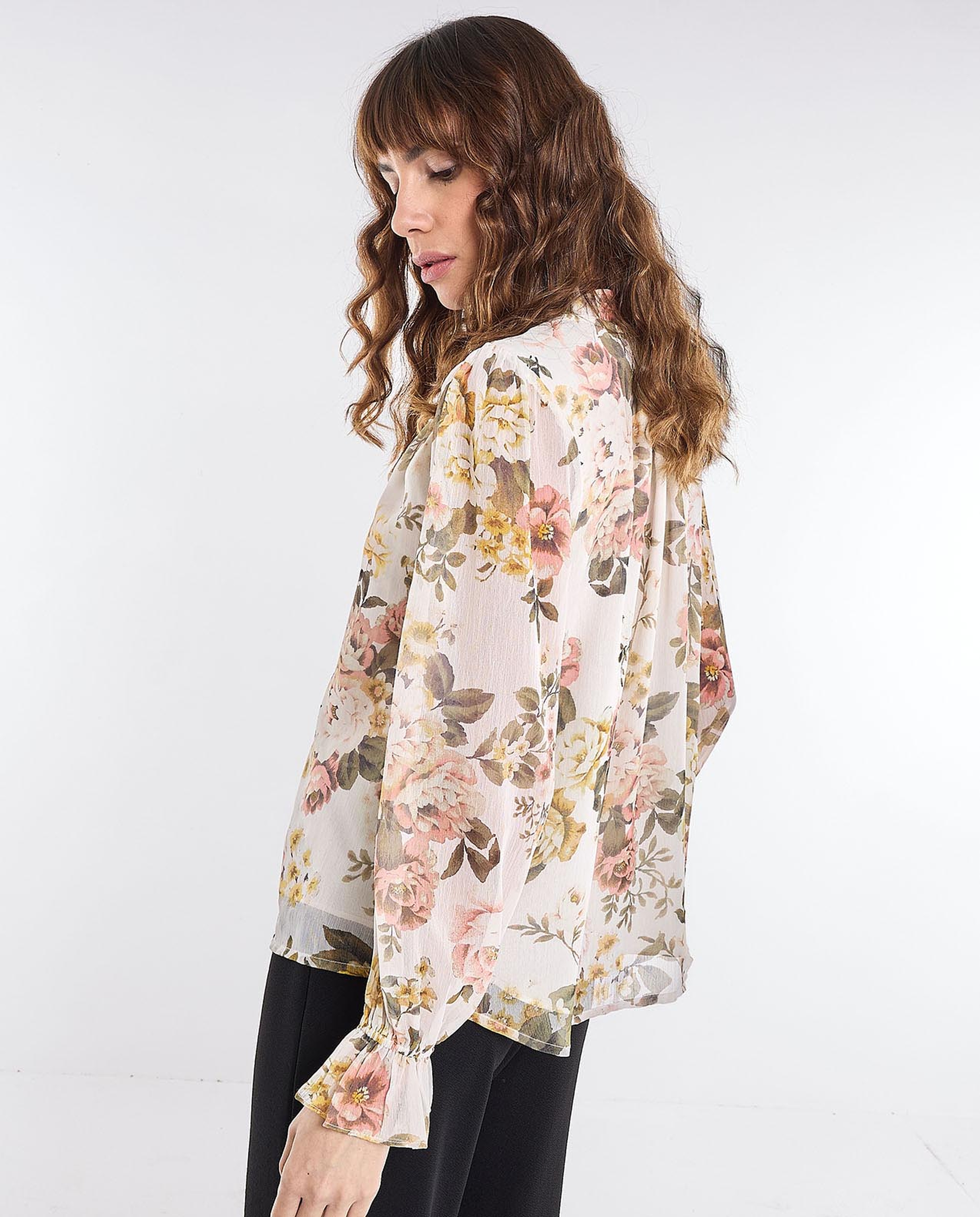Floral Printed Top with Stand Collar and Long Sleeves