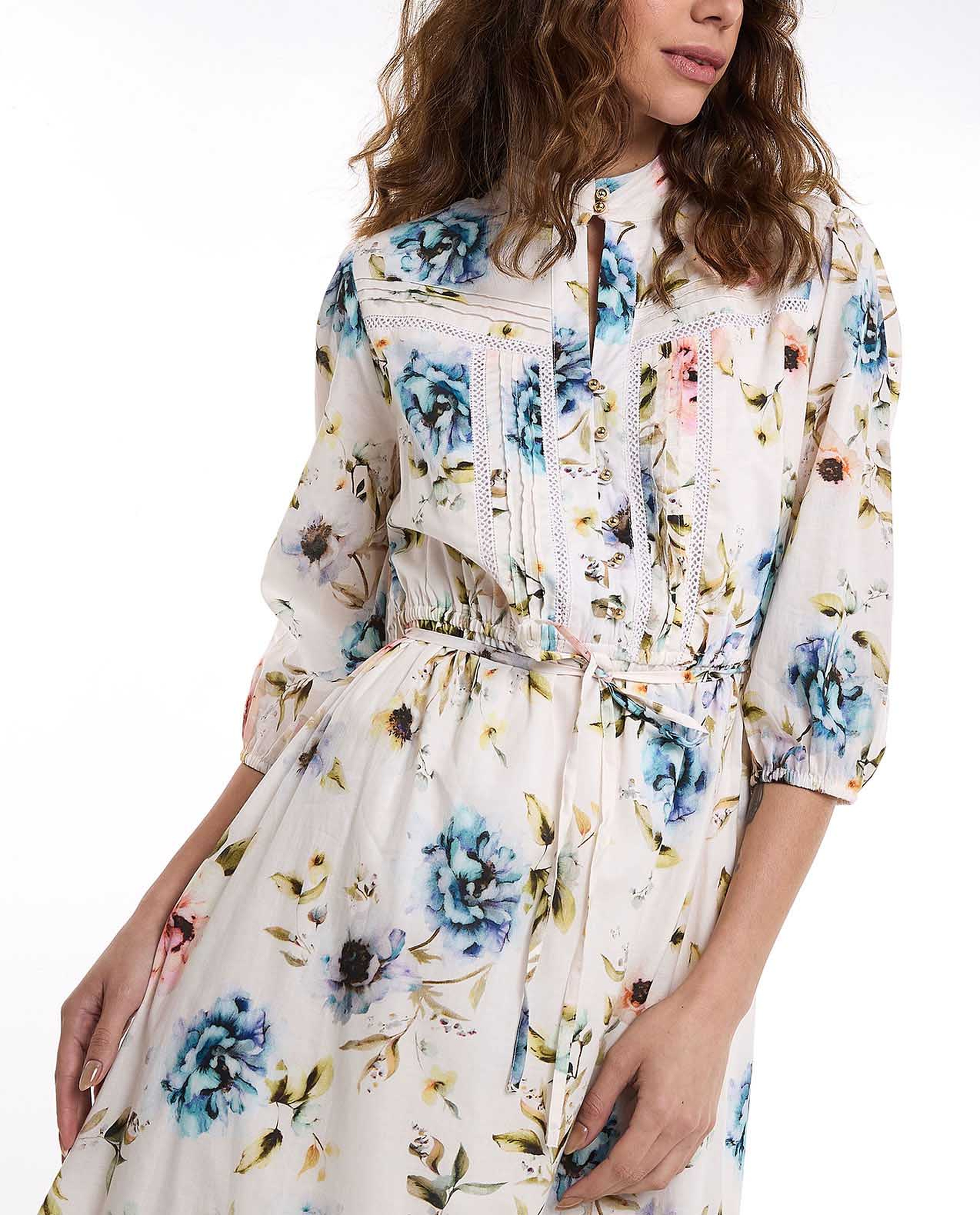 Floral Printed Dress with High Neck and 3/4 Sleeves