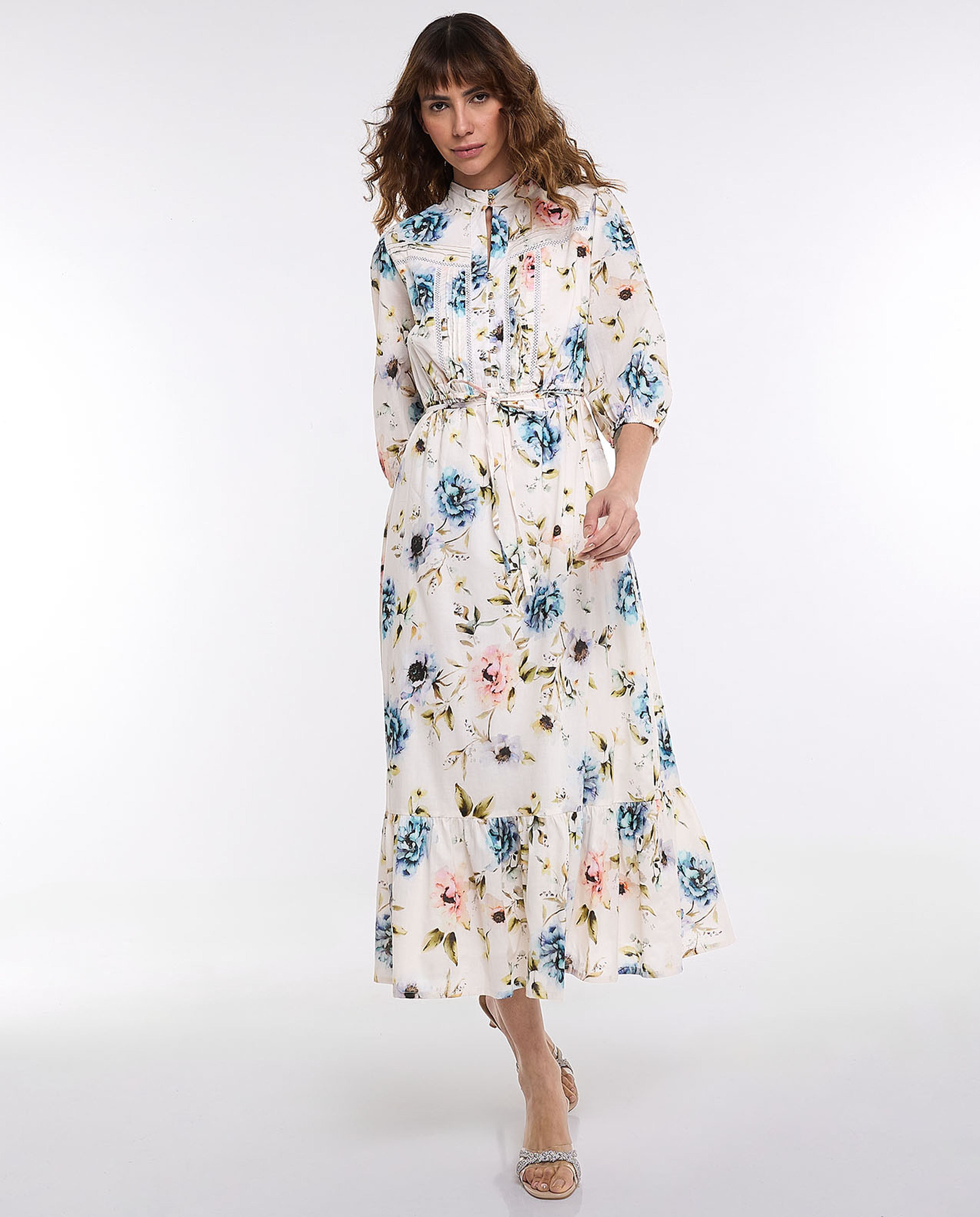 Floral Printed Dress with High Neck and 3/4 Sleeves