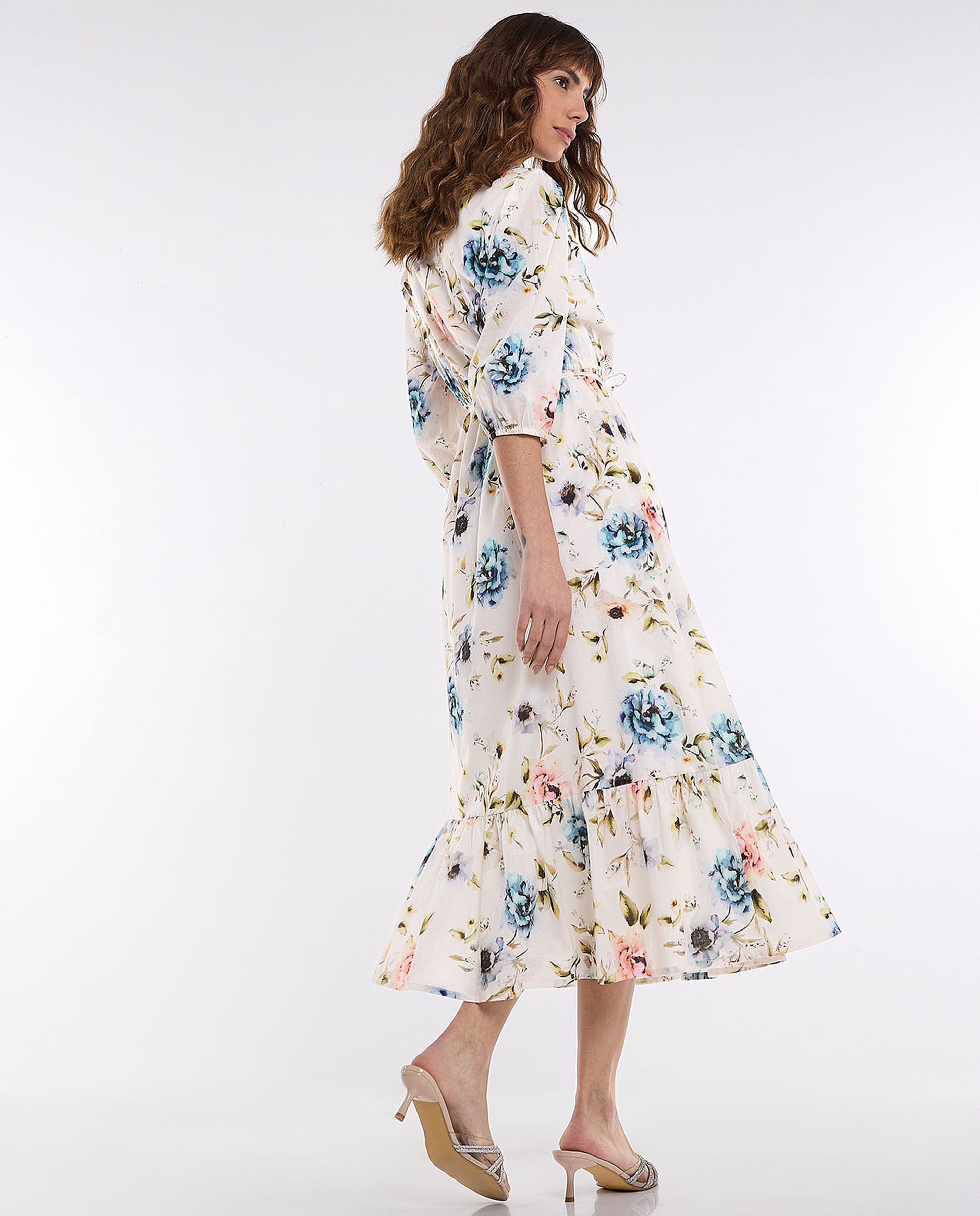 Floral Printed Dress with High Neck and 3/4 Sleeves