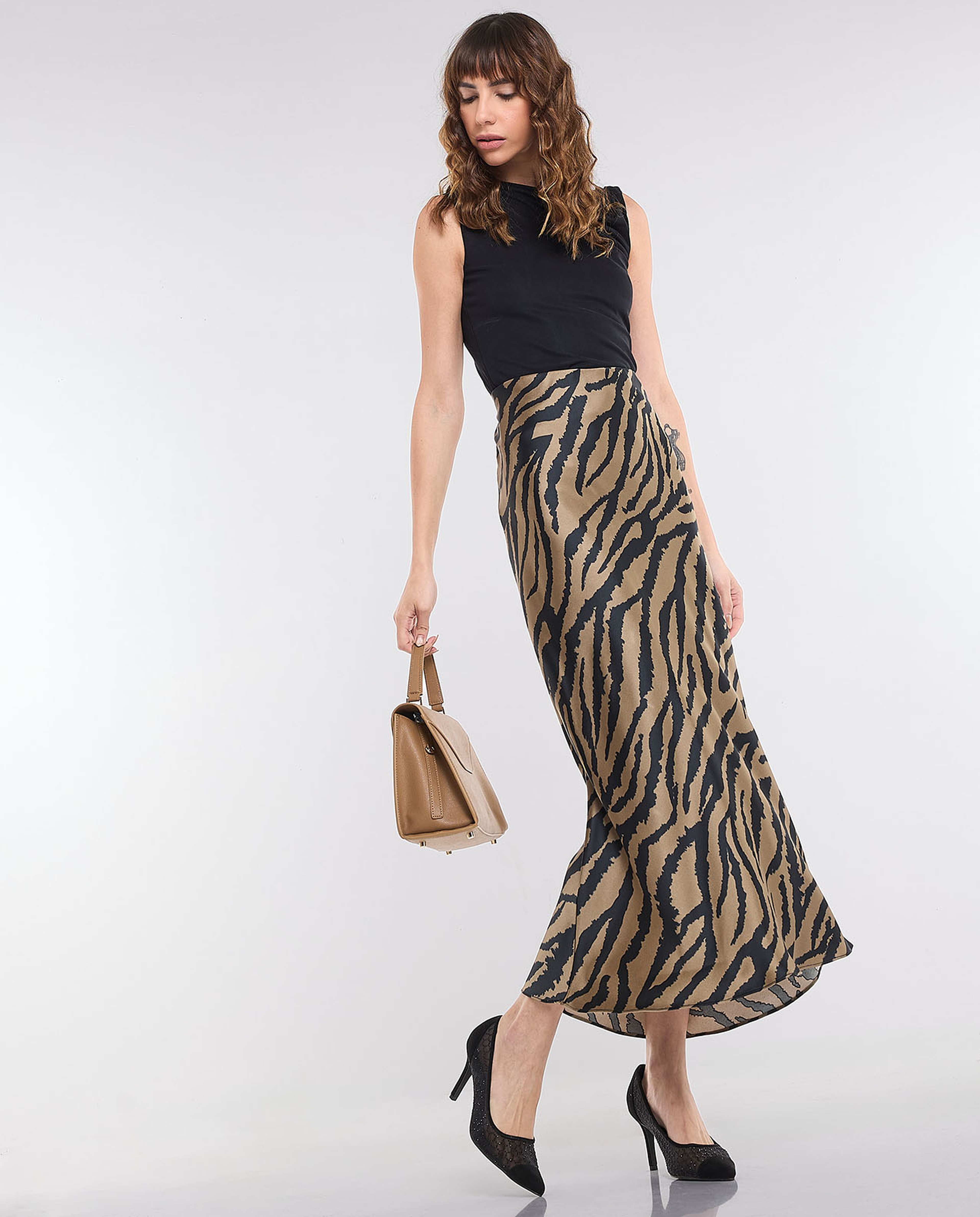 Zebra Patterned Maxi Skirt with Elastic Waist