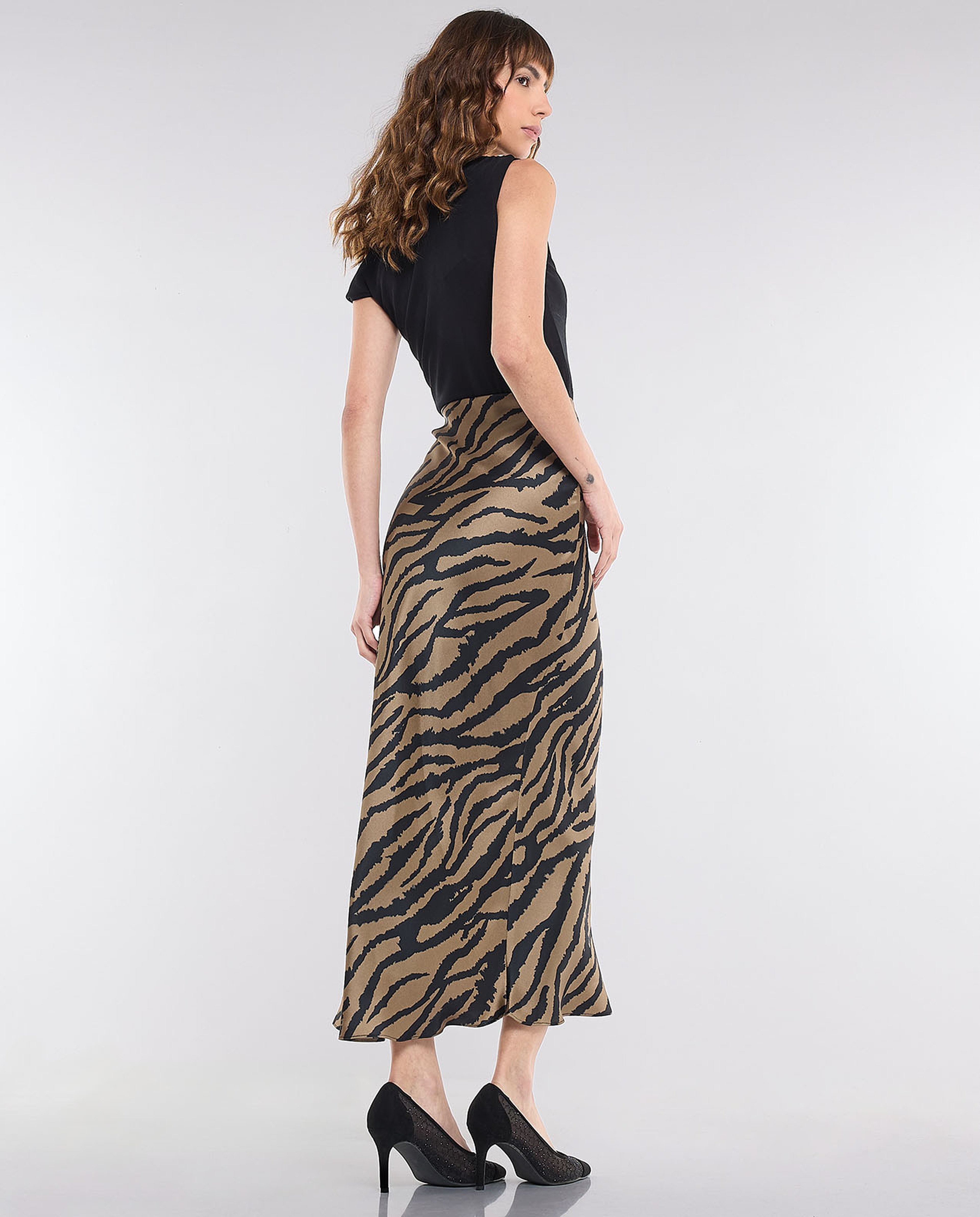 Zebra Patterned Maxi Skirt with Elastic Waist
