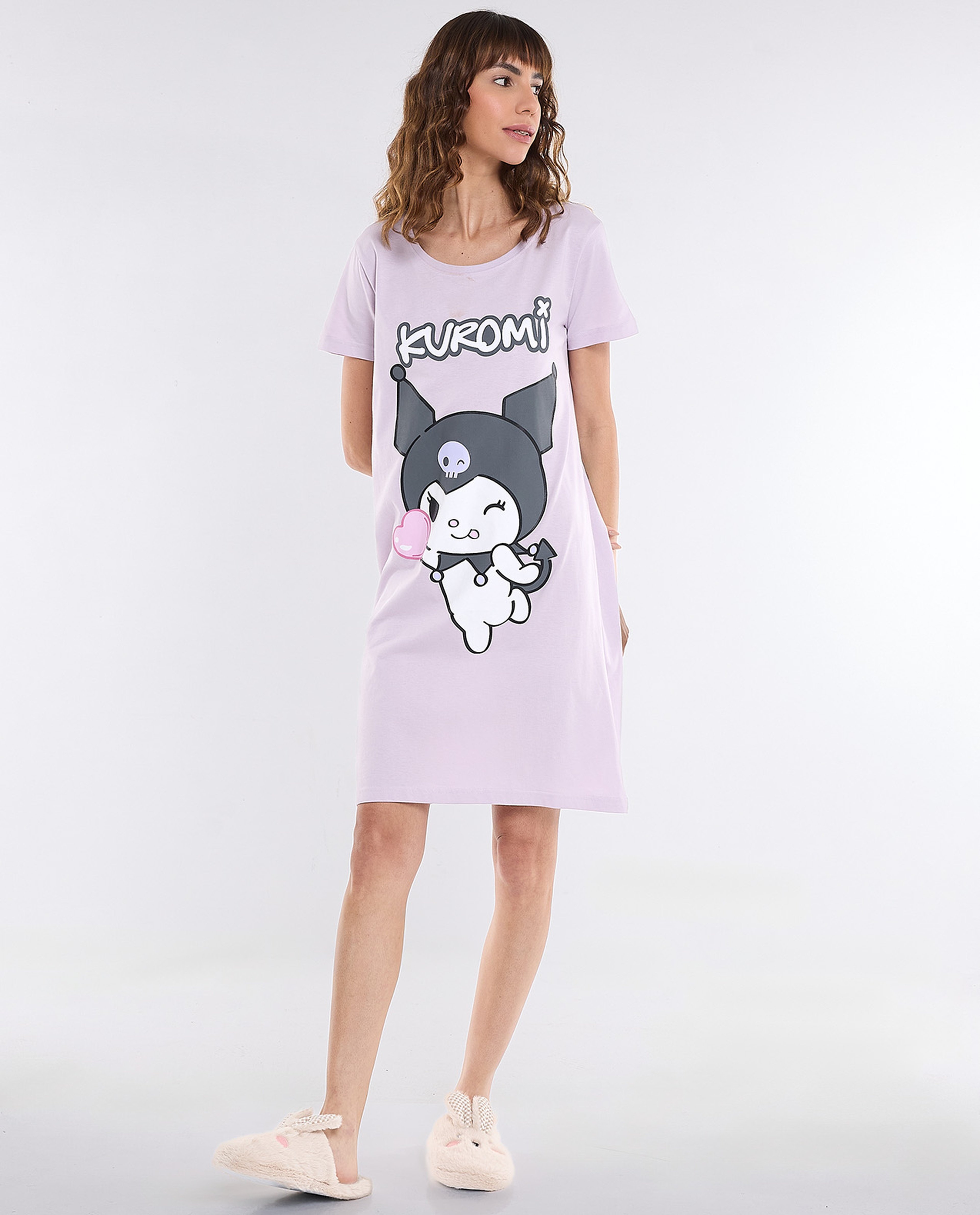 Kuromi Printed Nightdress with Crew Neck and Short Sleeves