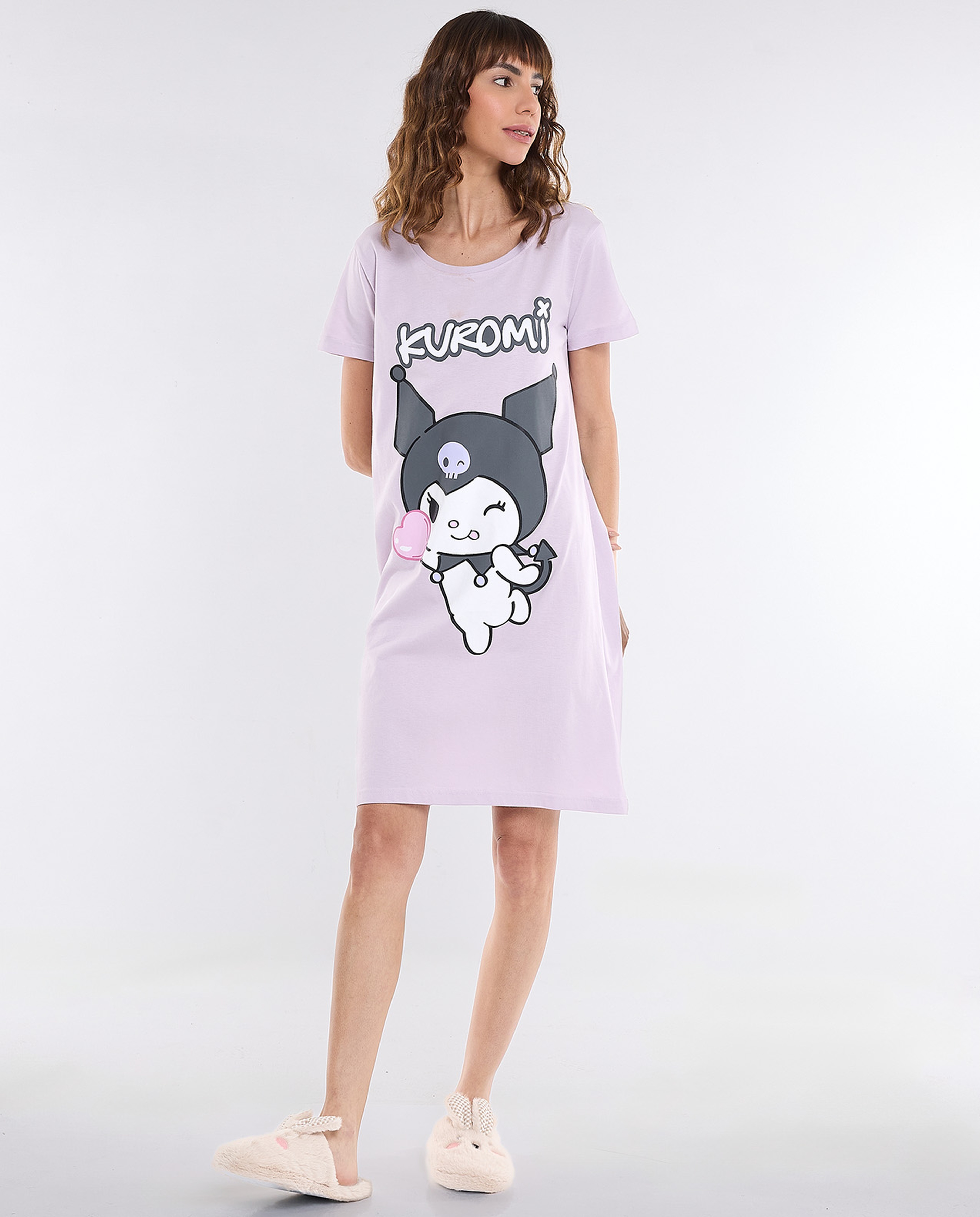 Kuromi Printed Nightdress with Crew Neck and Short Sleeves