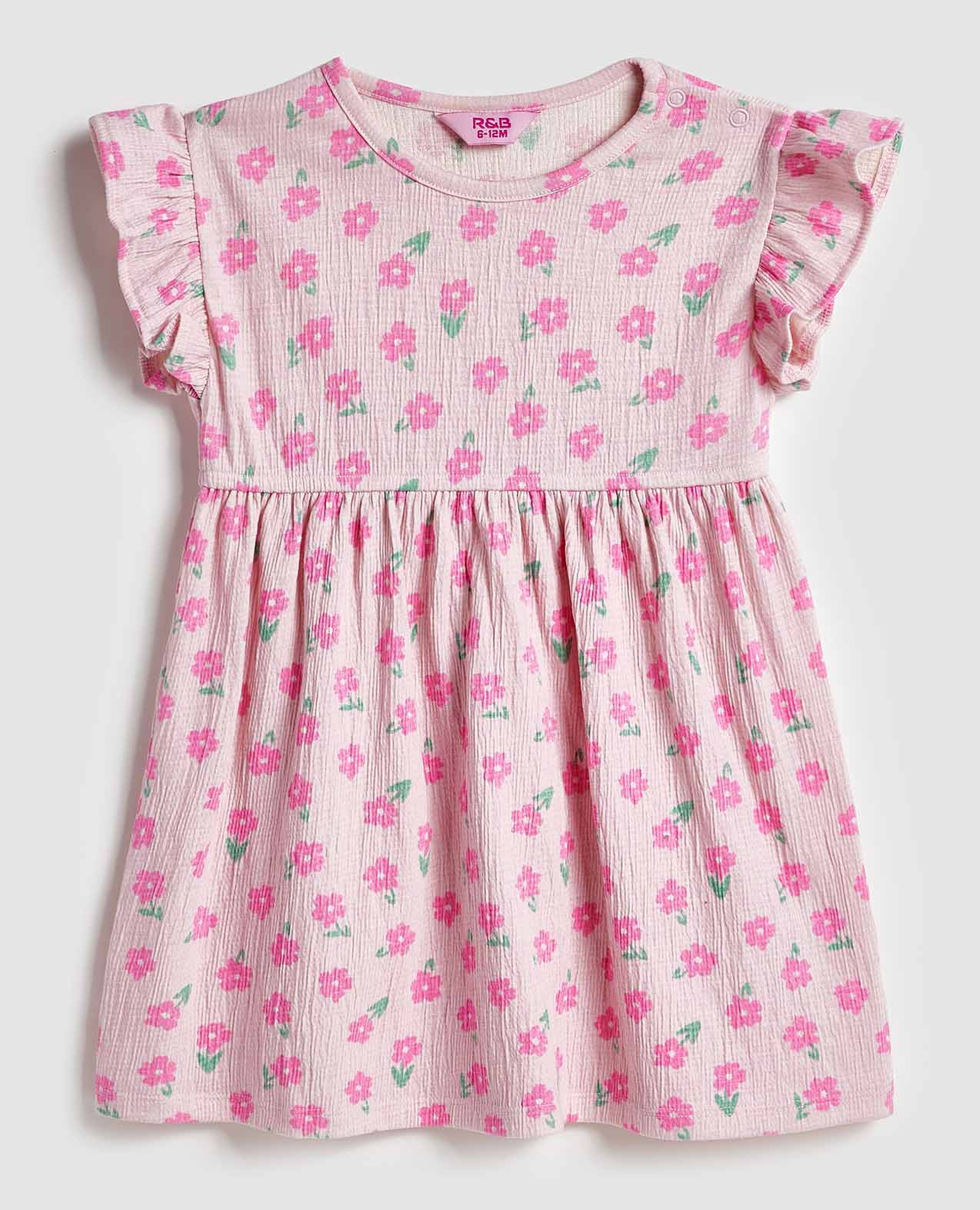 فستان بطبعة زهور برقبة مستديرة وأكمام مكشكشة