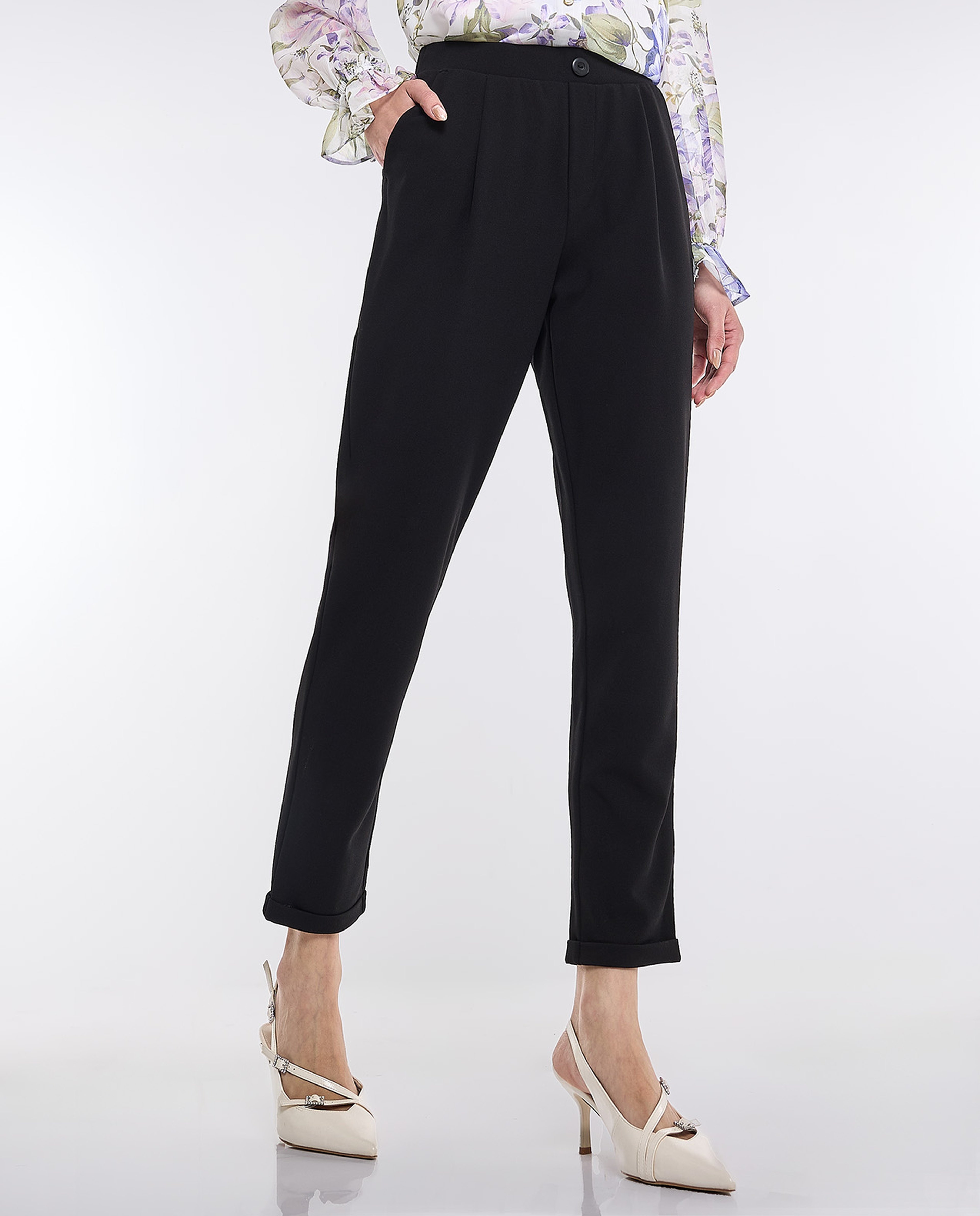 Pleat Detail Slim Fit Pants with Elastic Waist