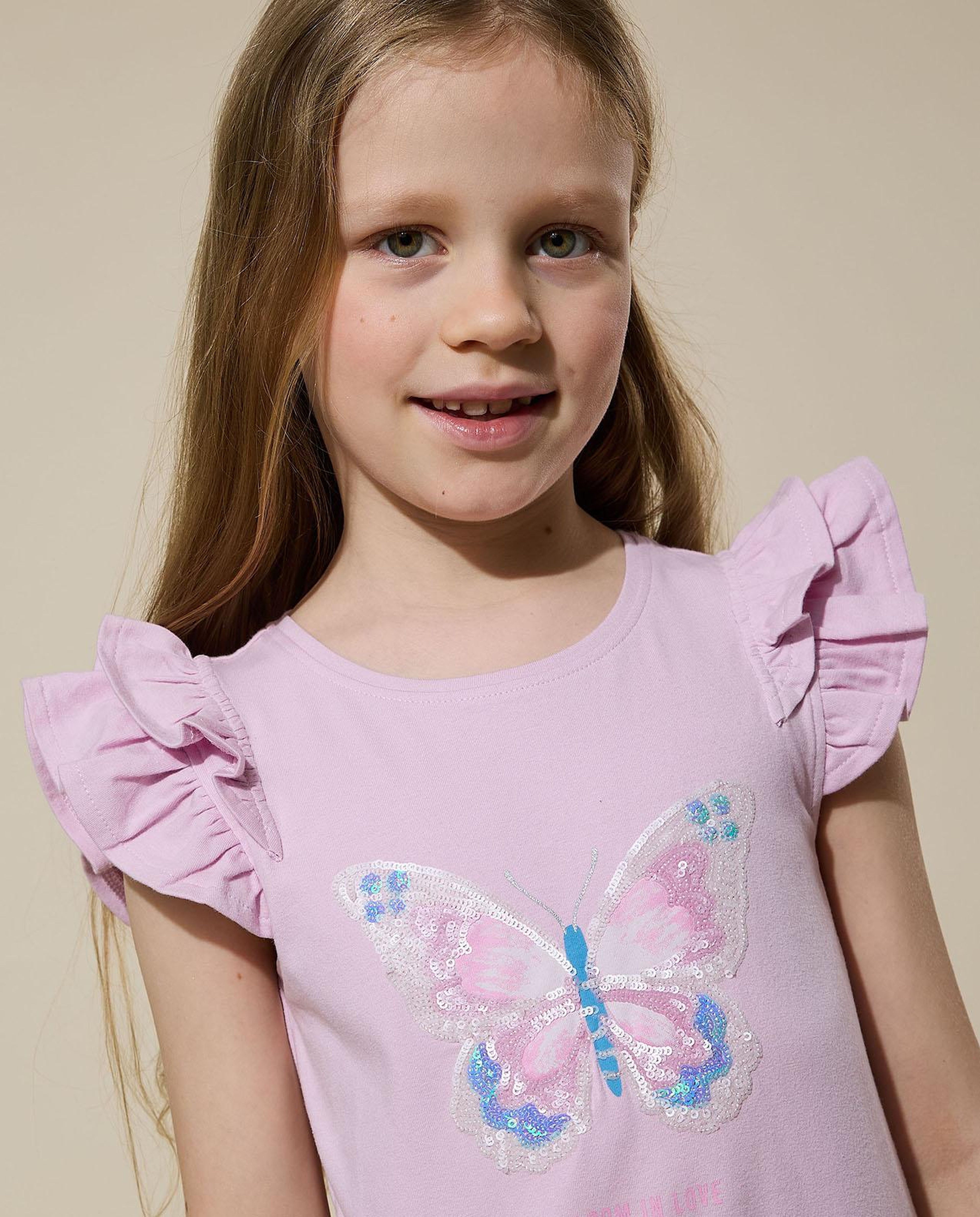 Sequined Top with Crew Neck and Ruffle Sleeves