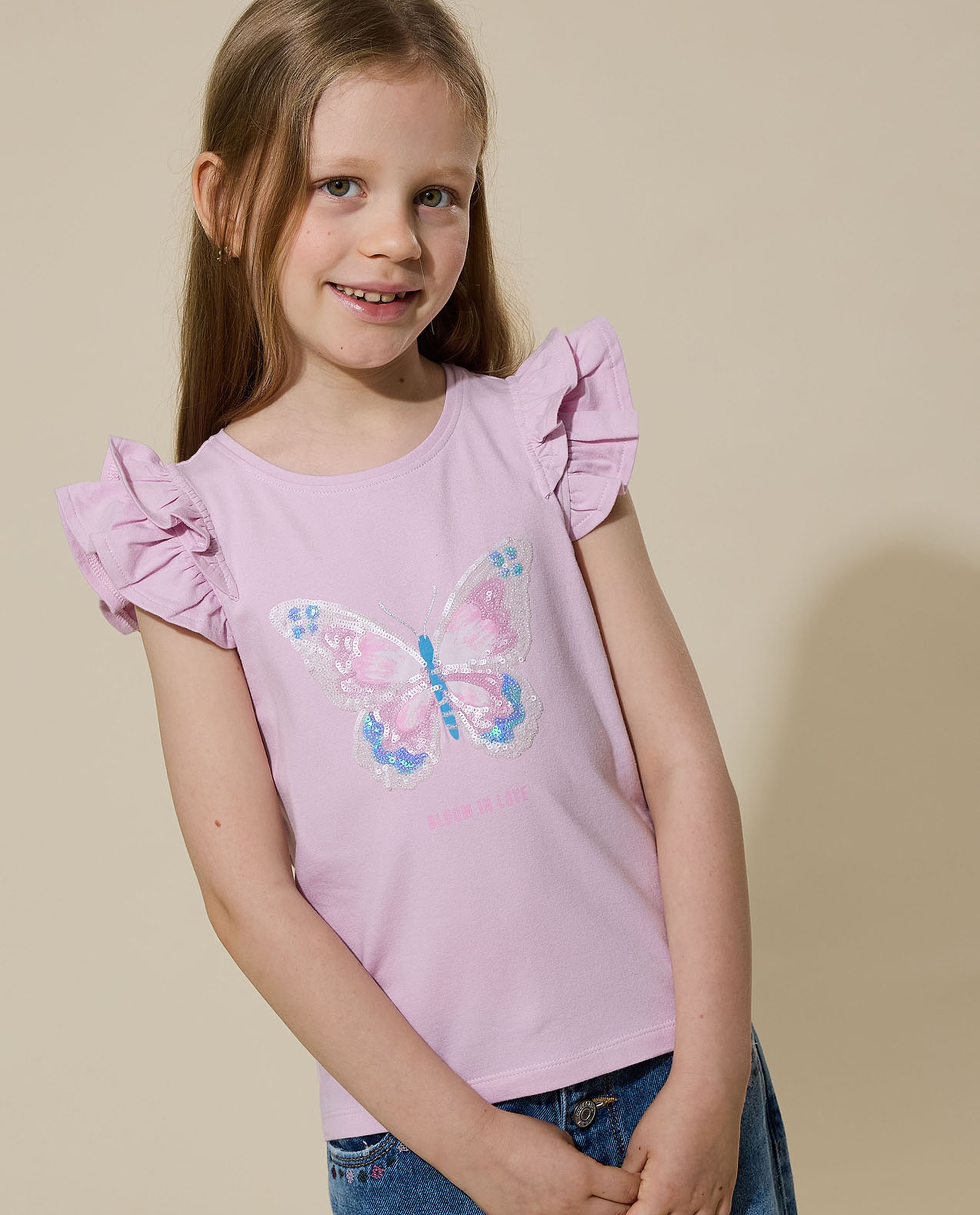 Sequined Top with Crew Neck and Ruffle Sleeves