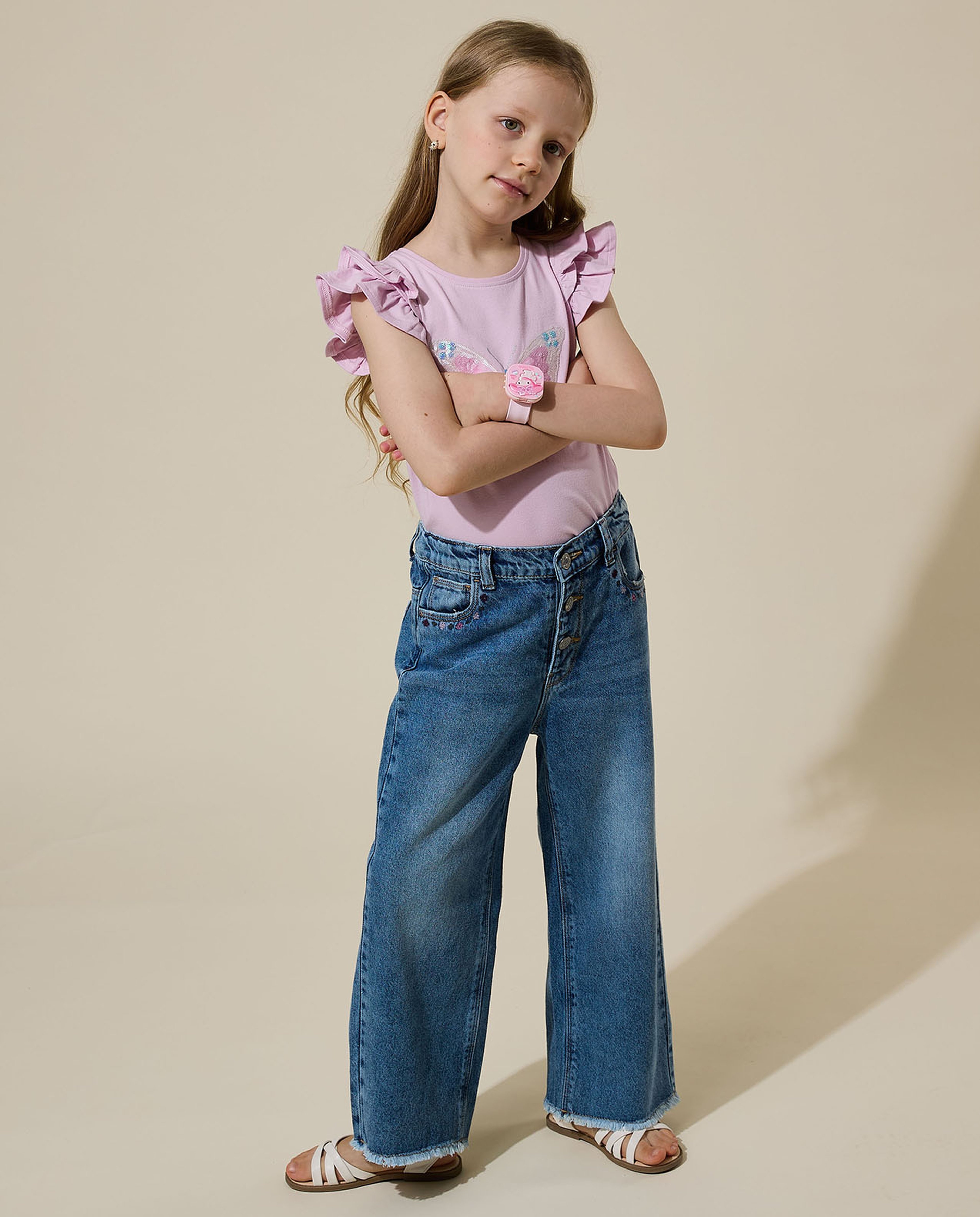 Sequined Top with Crew Neck and Ruffle Sleeves