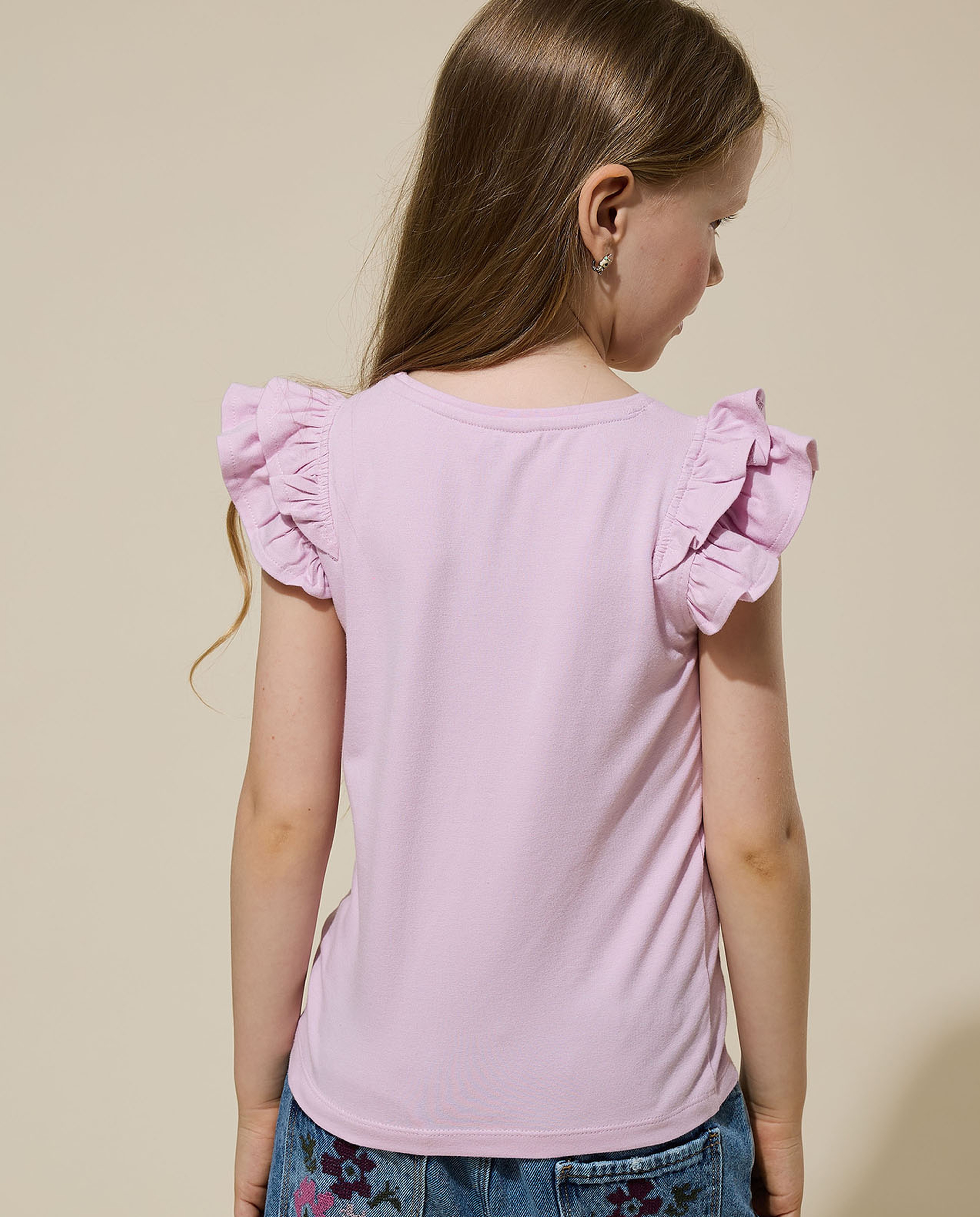 Sequined Top with Crew Neck and Ruffle Sleeves