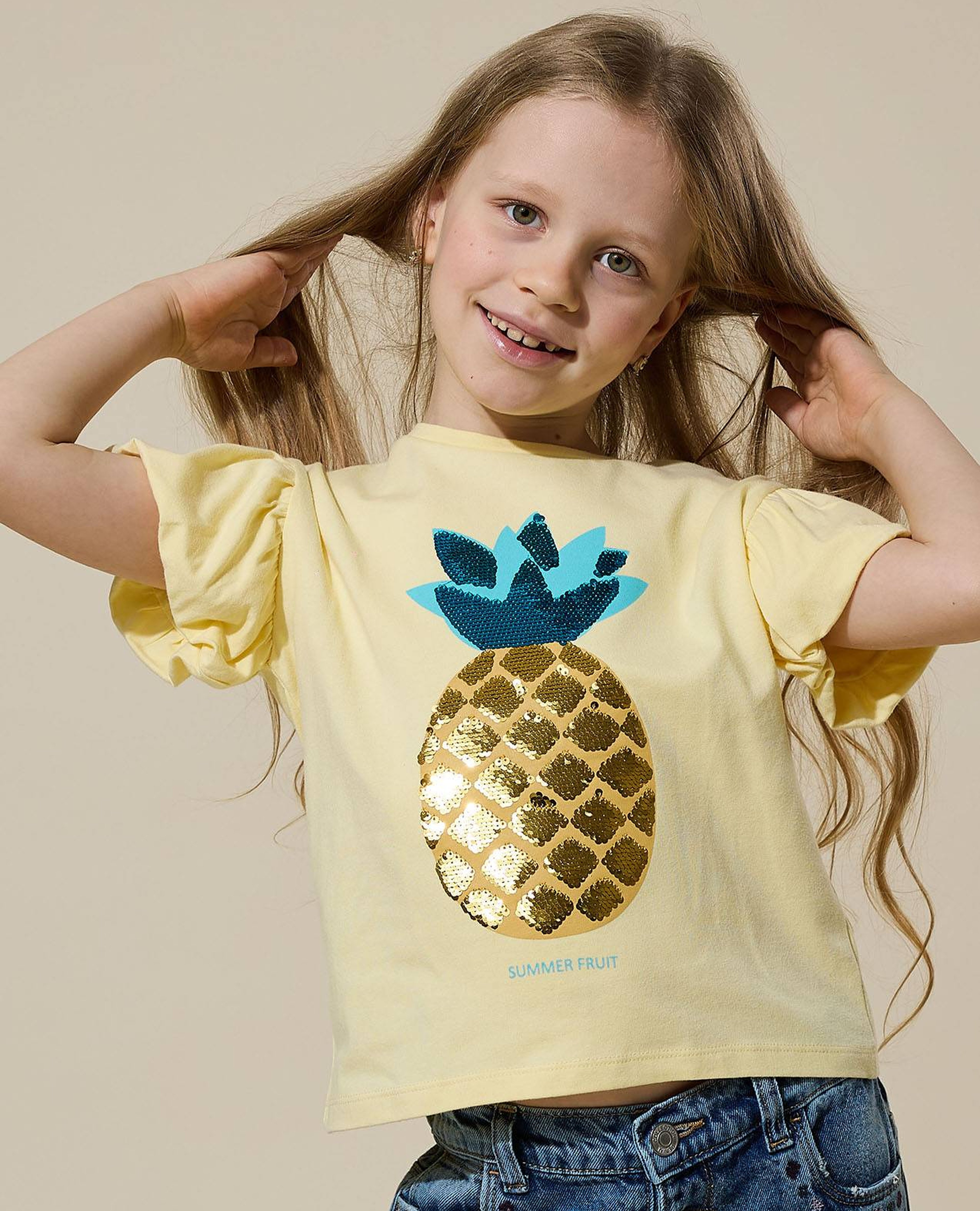 Sequined Top with Crew Neck and Flutter Sleeves