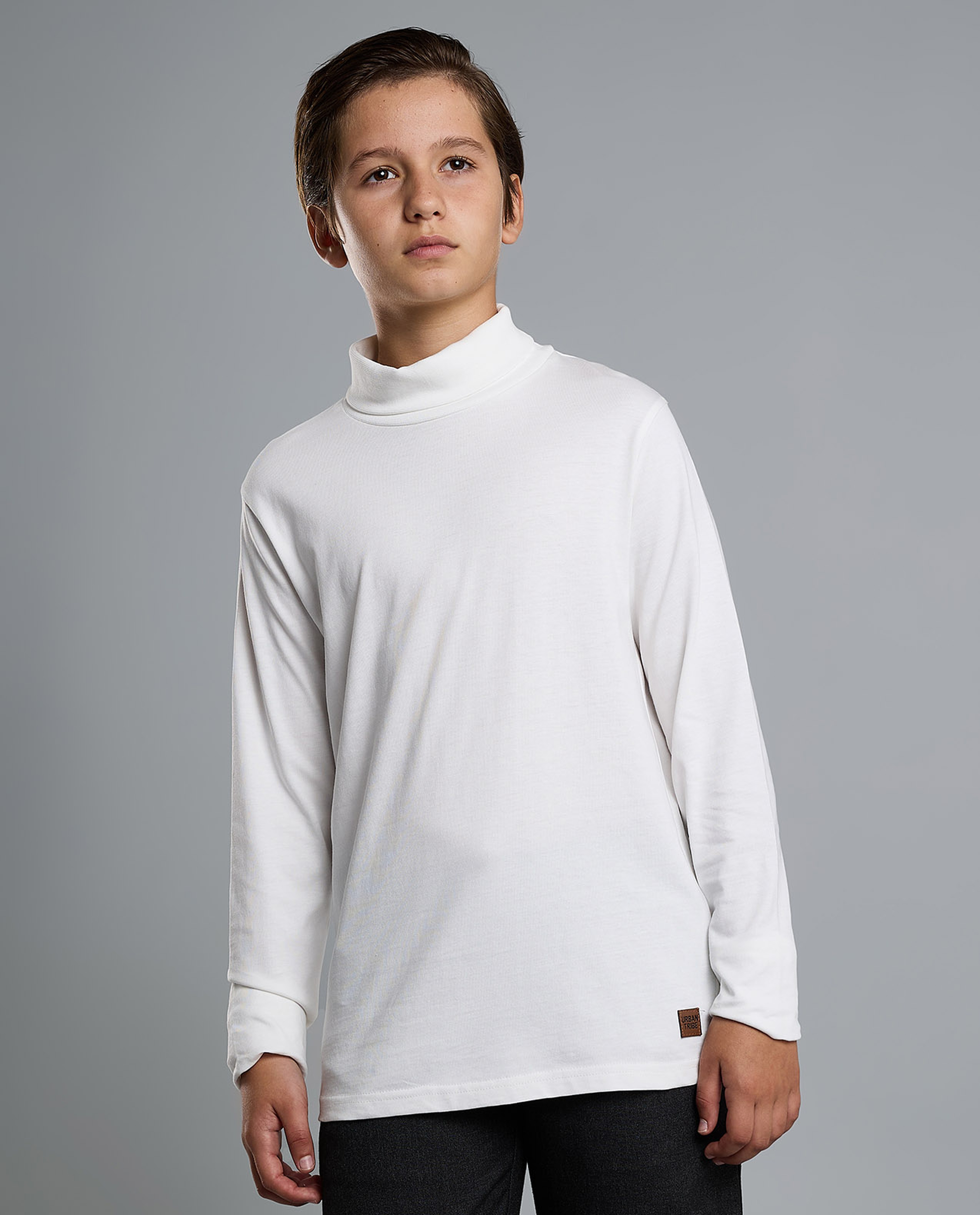 Solid T-Shirt with High Neck and Long Sleeves