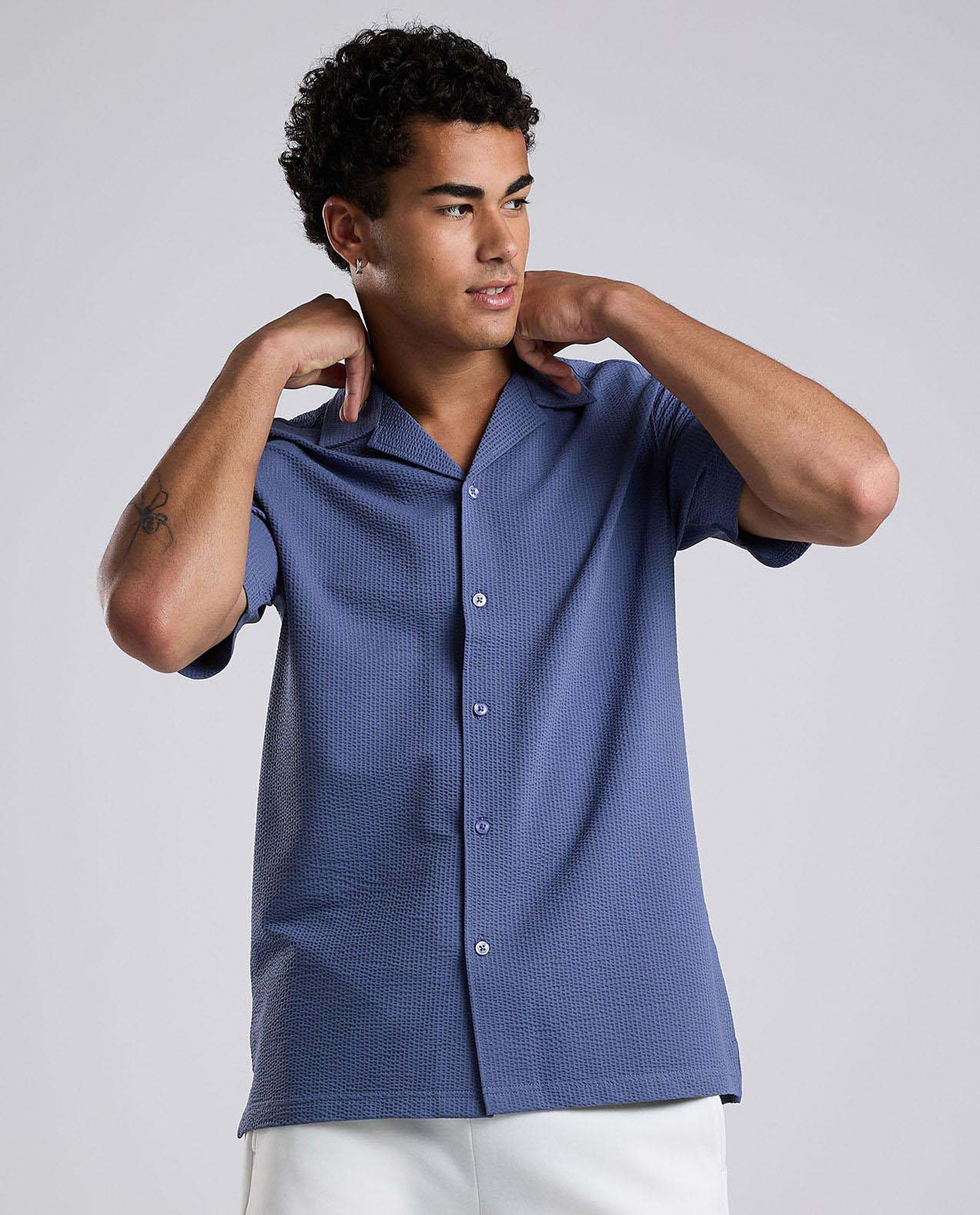 Textured Shirt with Revere Collar and Short Sleeves