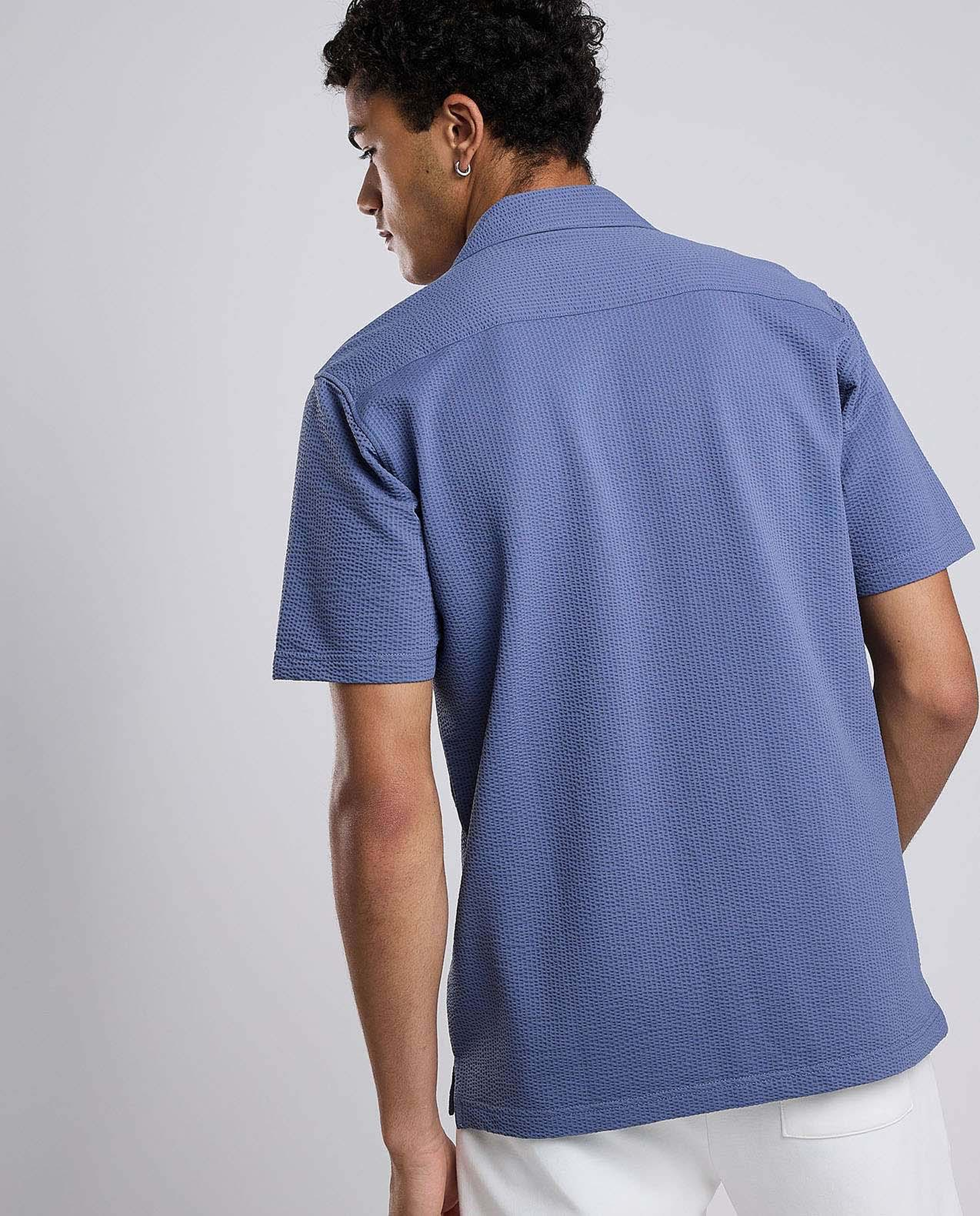 Textured Shirt with Revere Collar and Short Sleeves