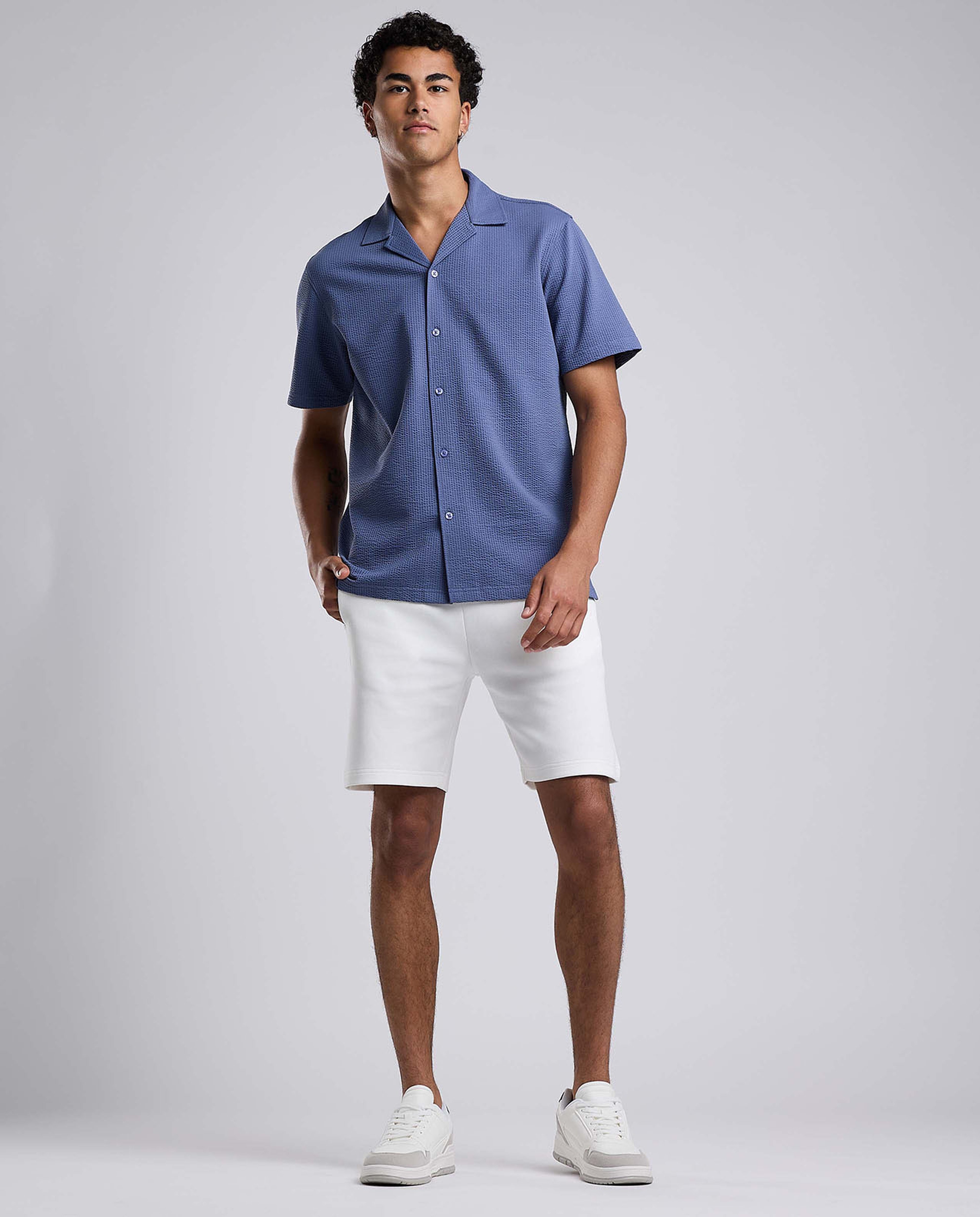 Textured Shirt with Revere Collar and Short Sleeves