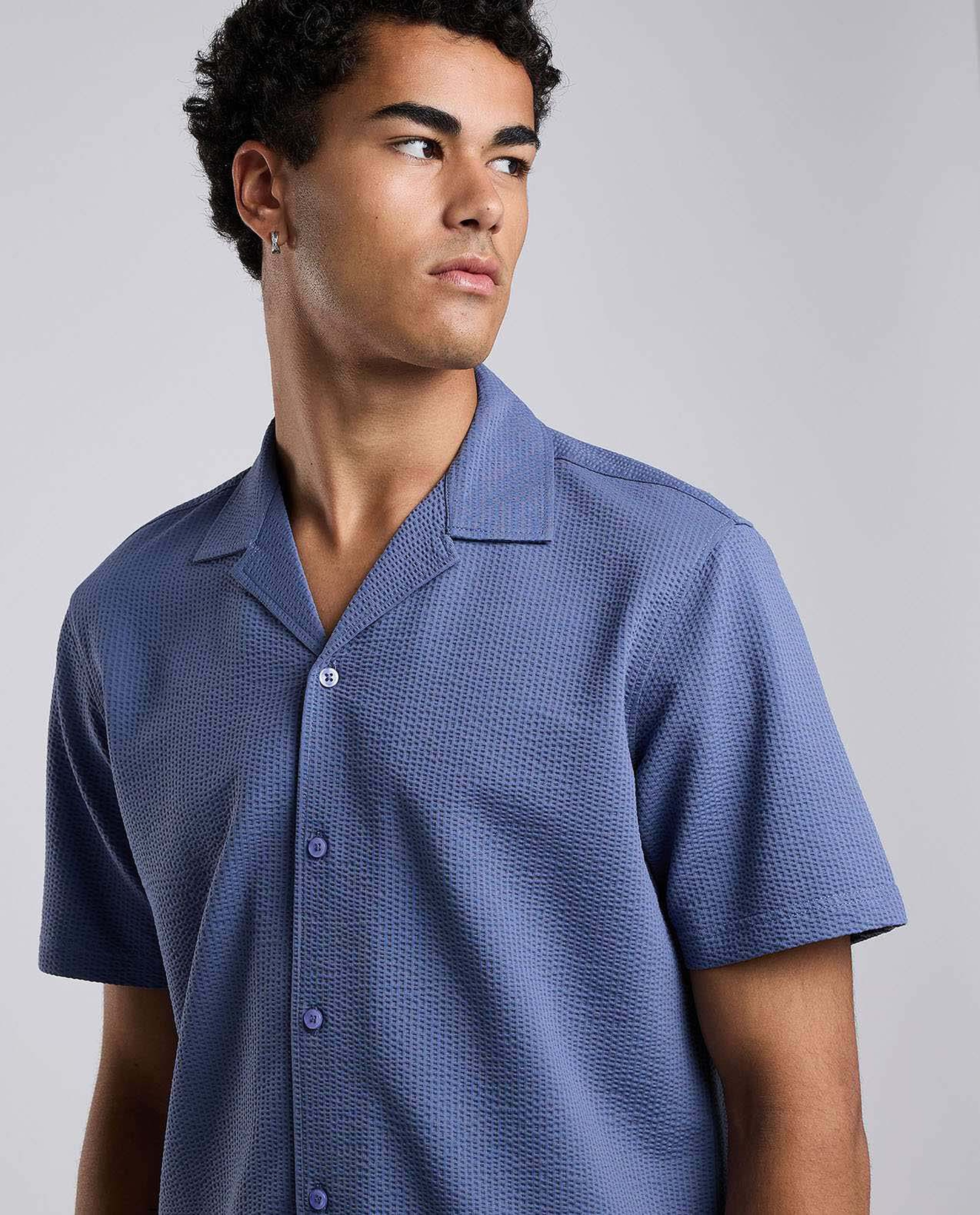 Textured Shirt with Revere Collar and Short Sleeves