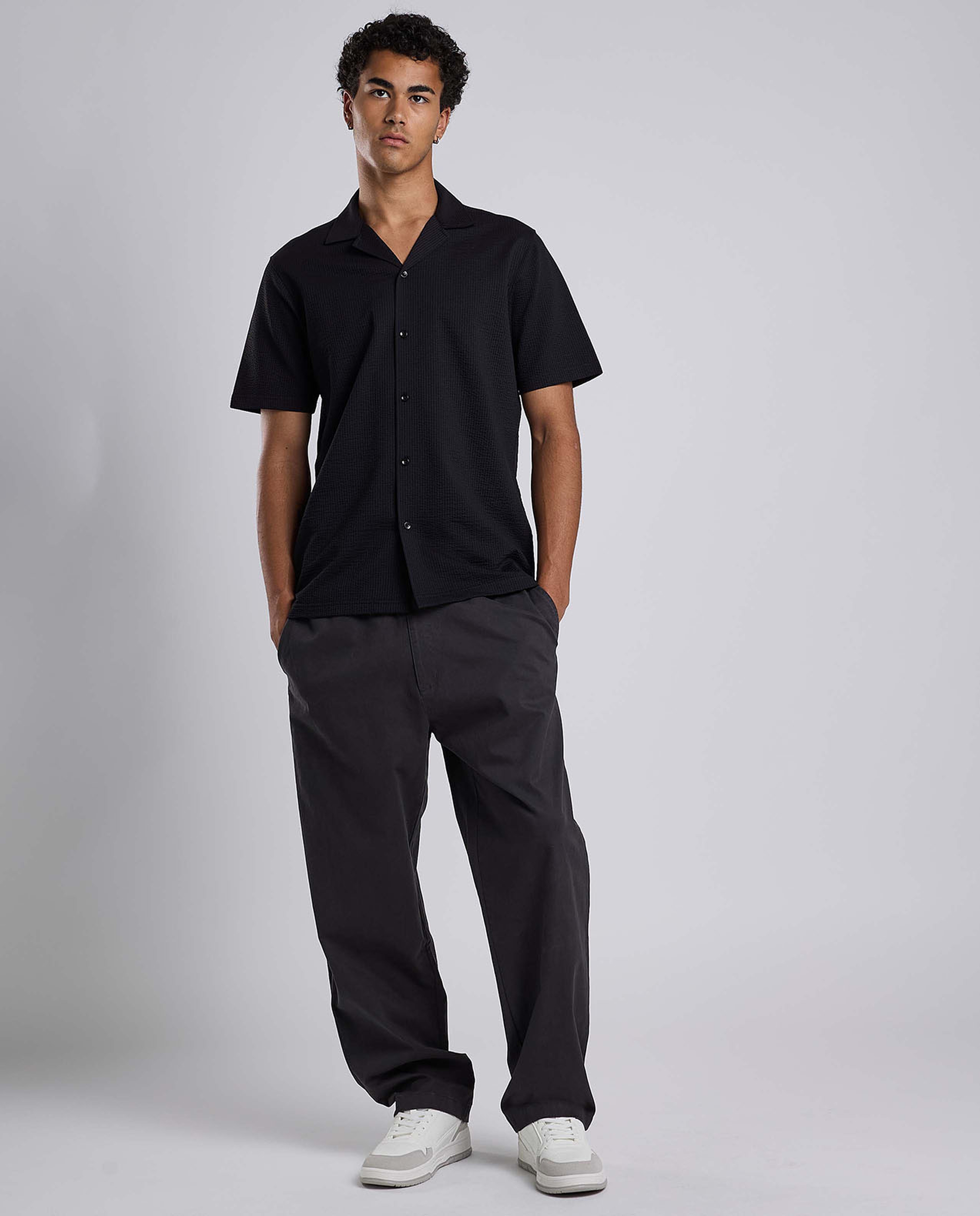 Textured Shirt with Revere Collar and Short Sleeves