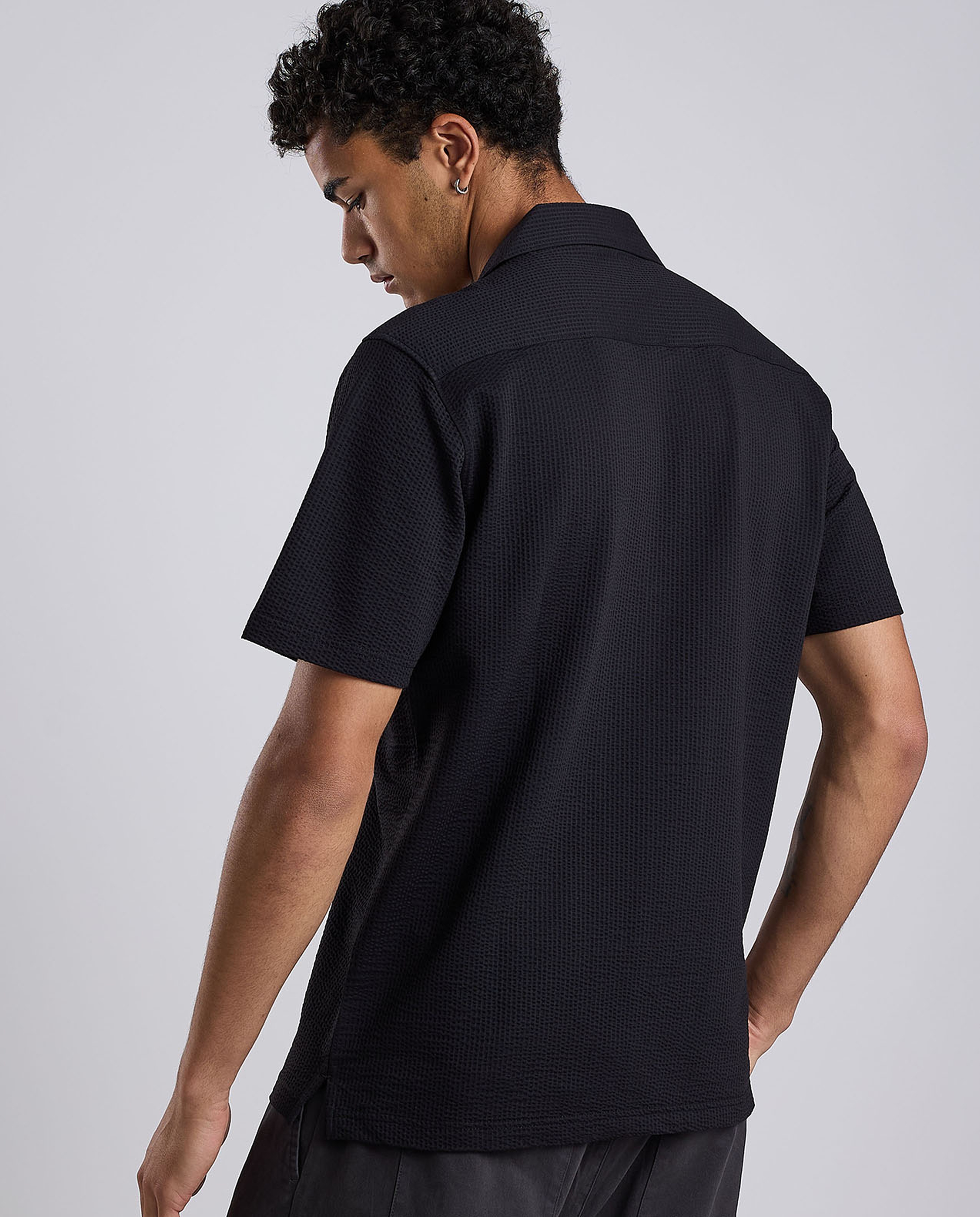 Textured Shirt with Revere Collar and Short Sleeves