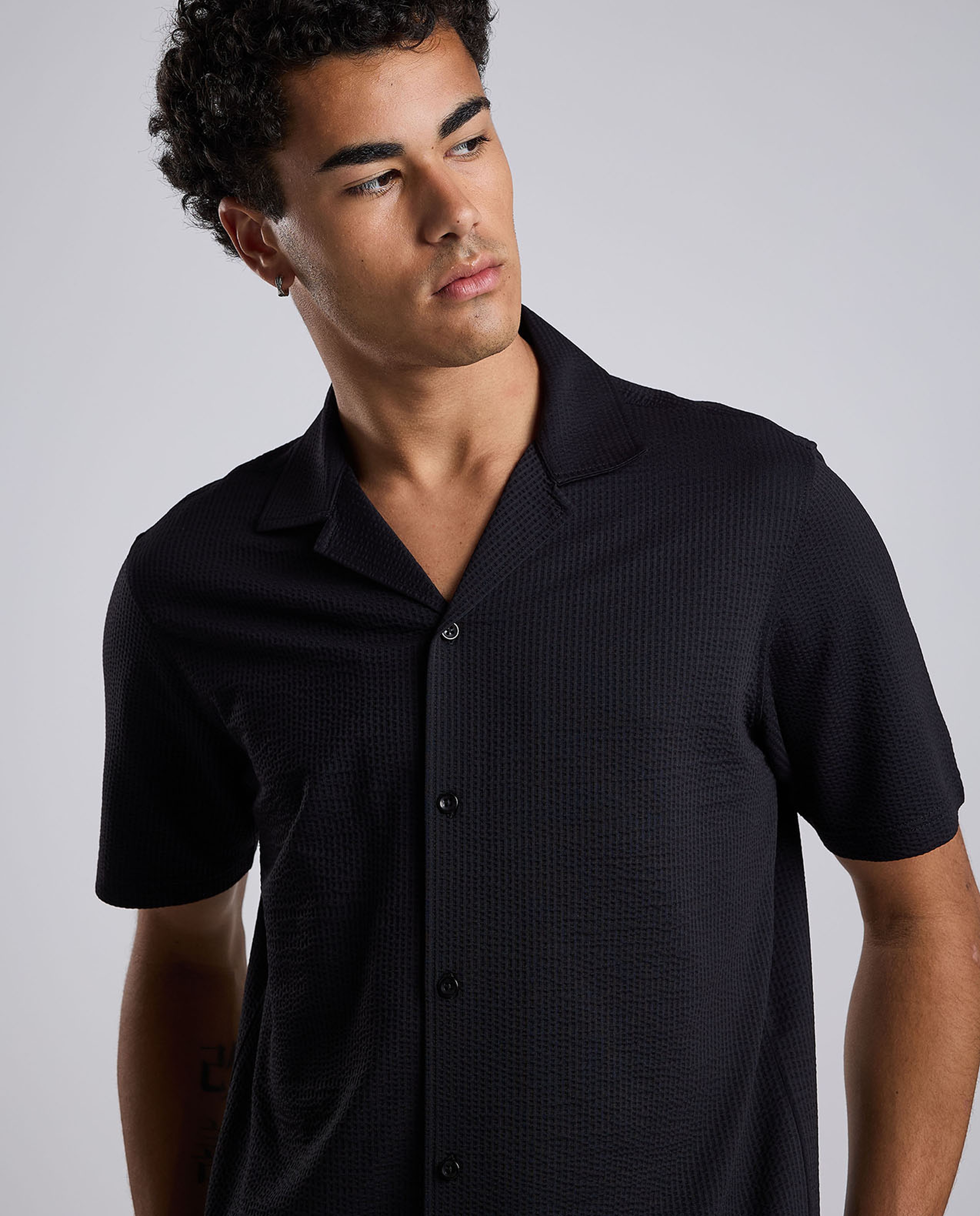 Textured Shirt with Revere Collar and Short Sleeves