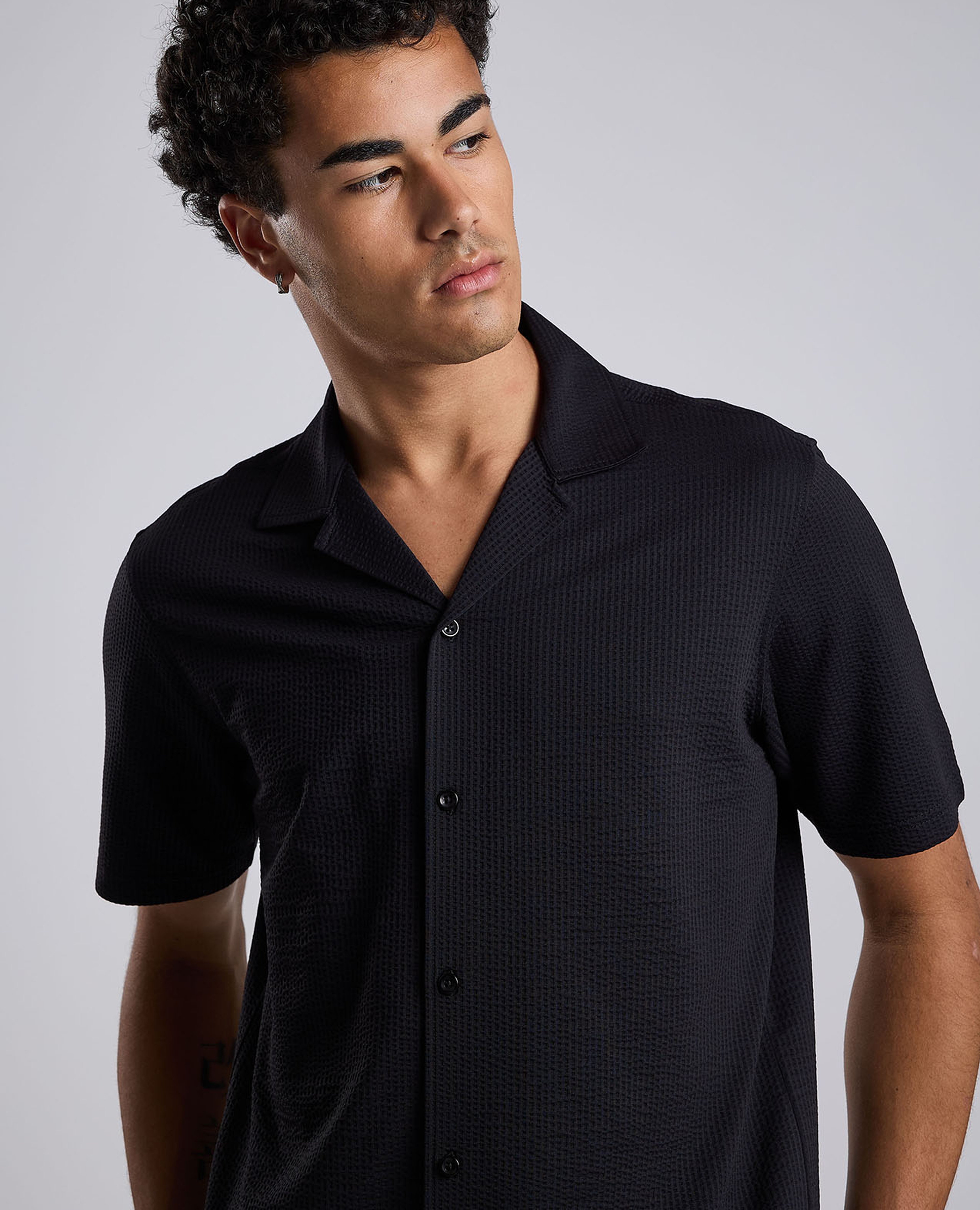 Textured Shirt with Revere Collar and Short Sleeves
