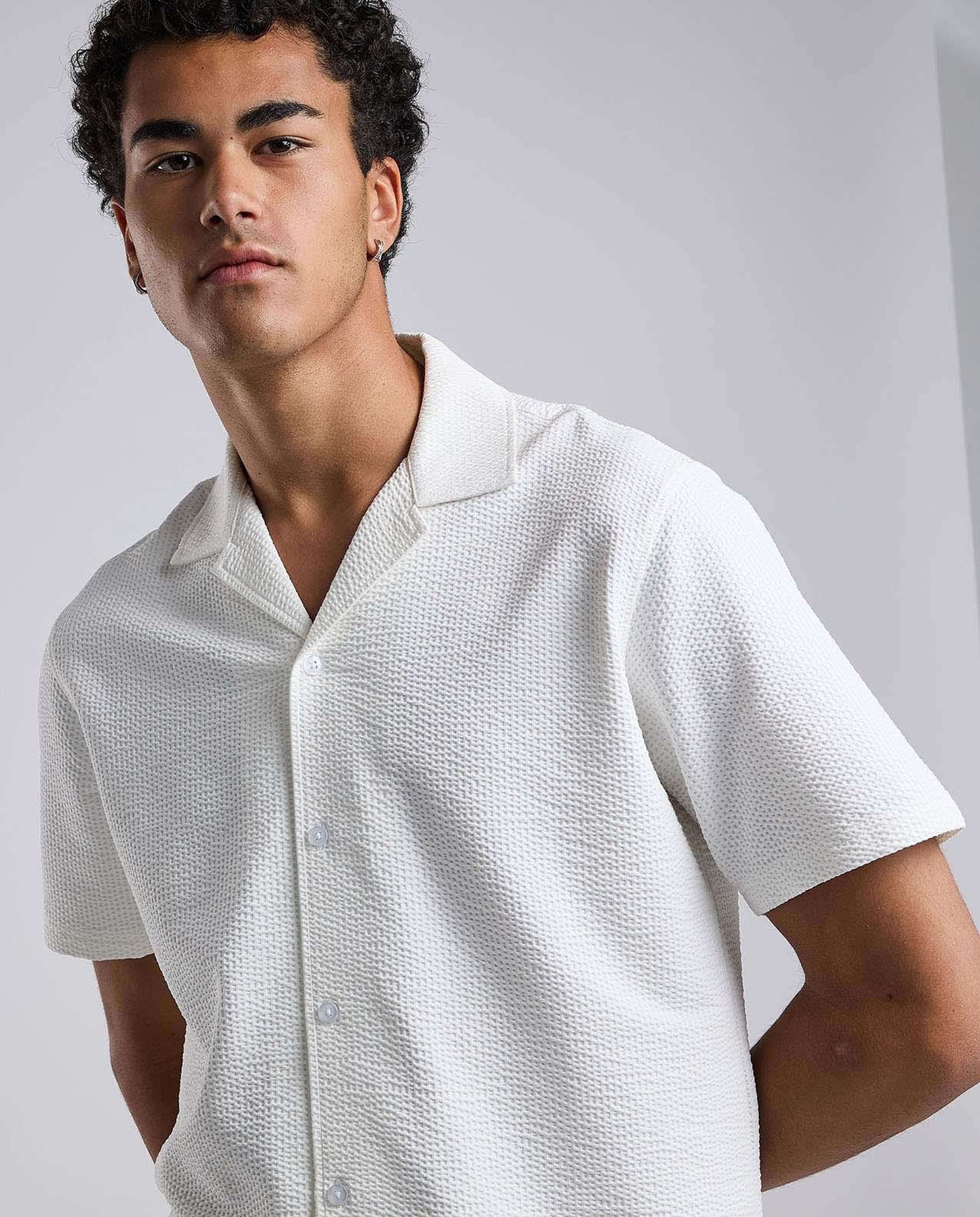 Textured Shirt with Revere Collar and Short Sleeves