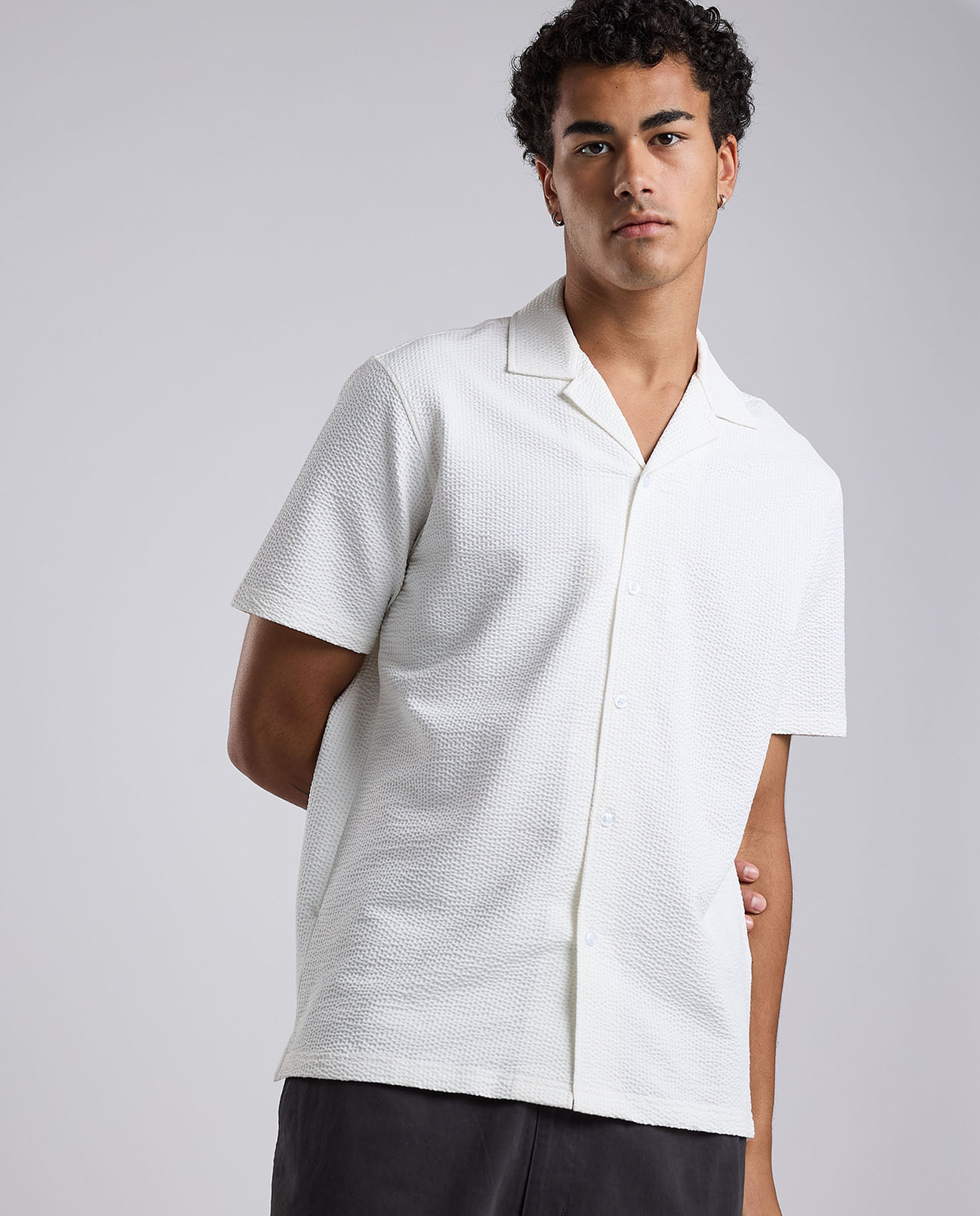 Textured Shirt with Revere Collar and Short Sleeves