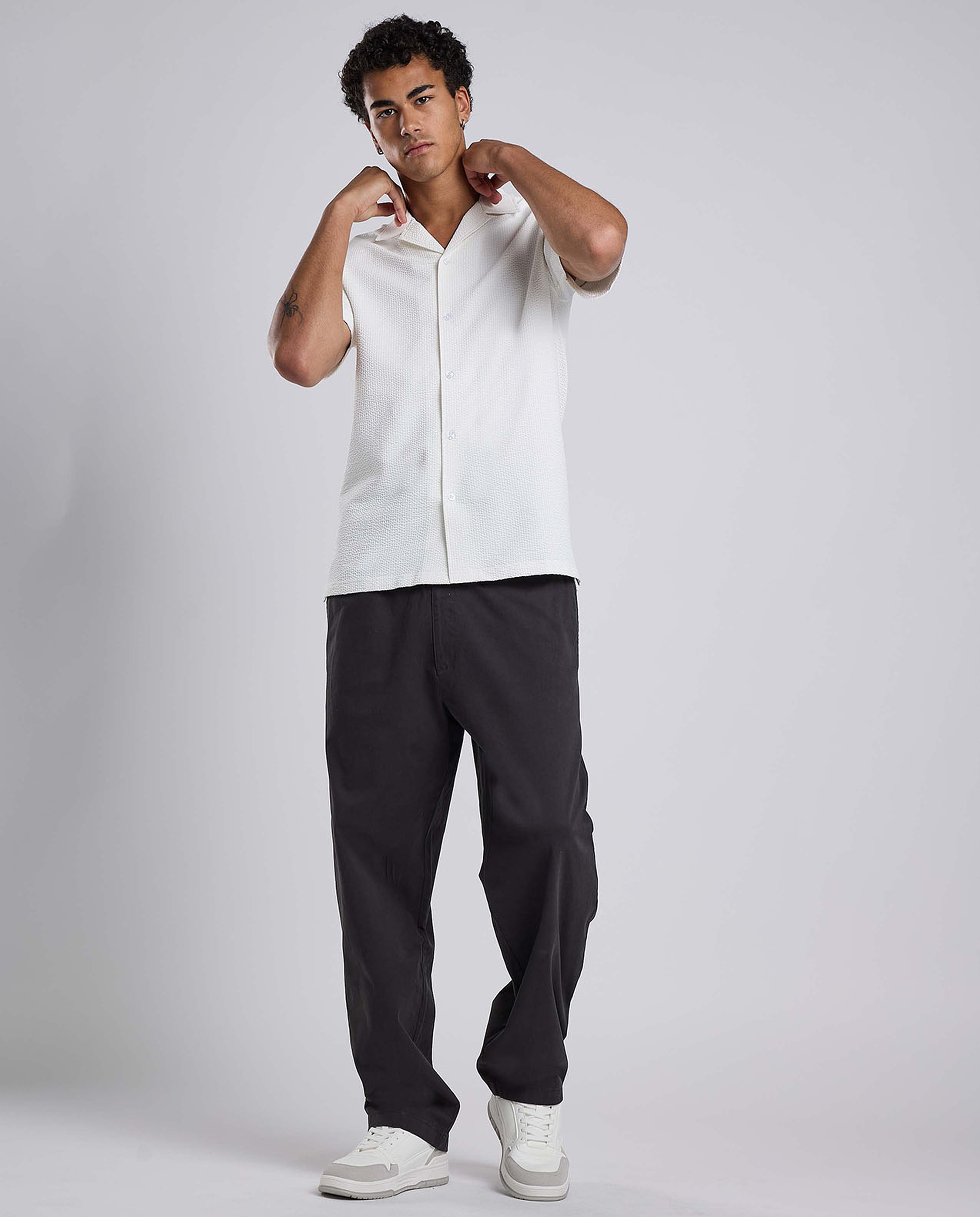 Textured Shirt with Revere Collar and Short Sleeves