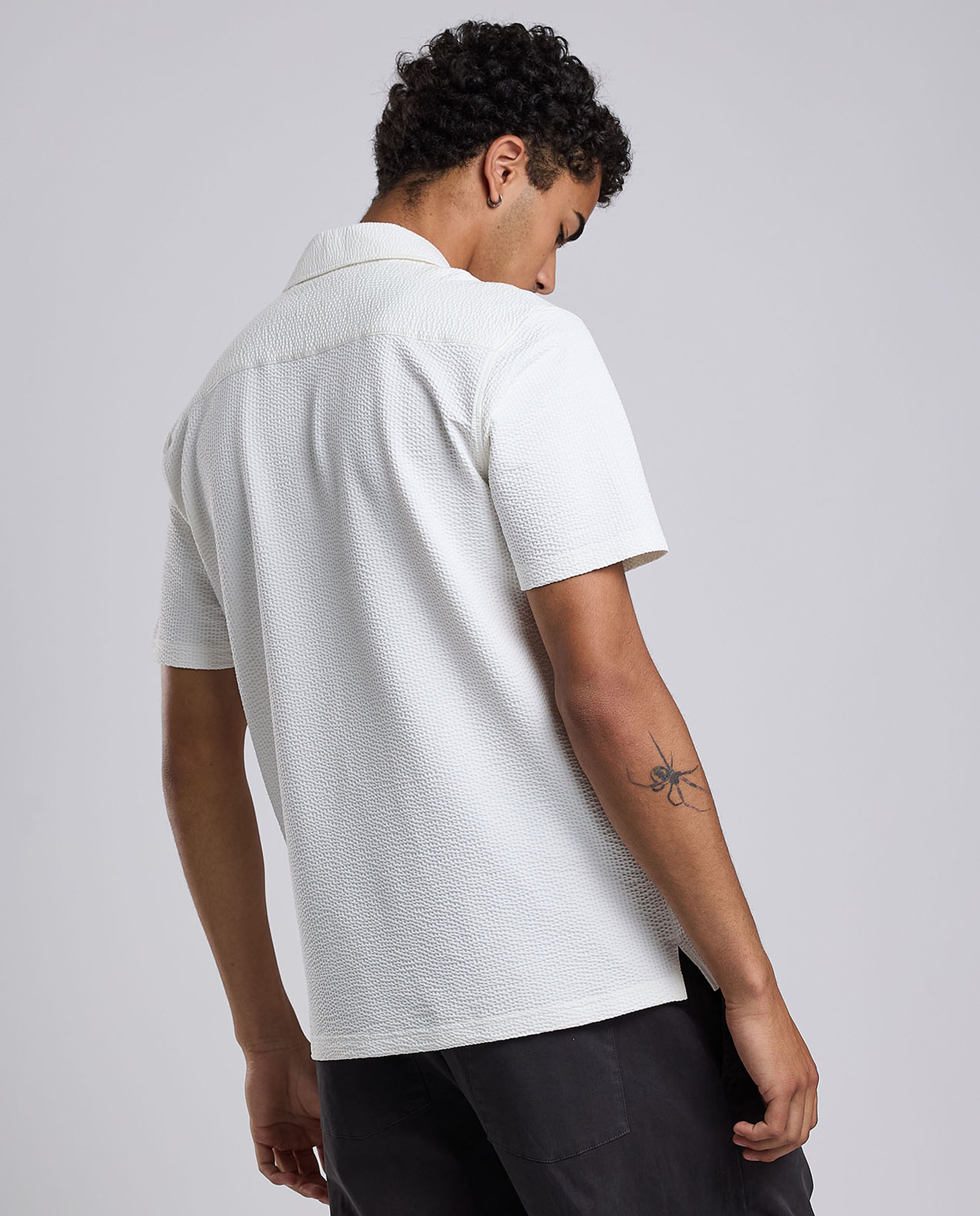 Textured Shirt with Revere Collar and Short Sleeves