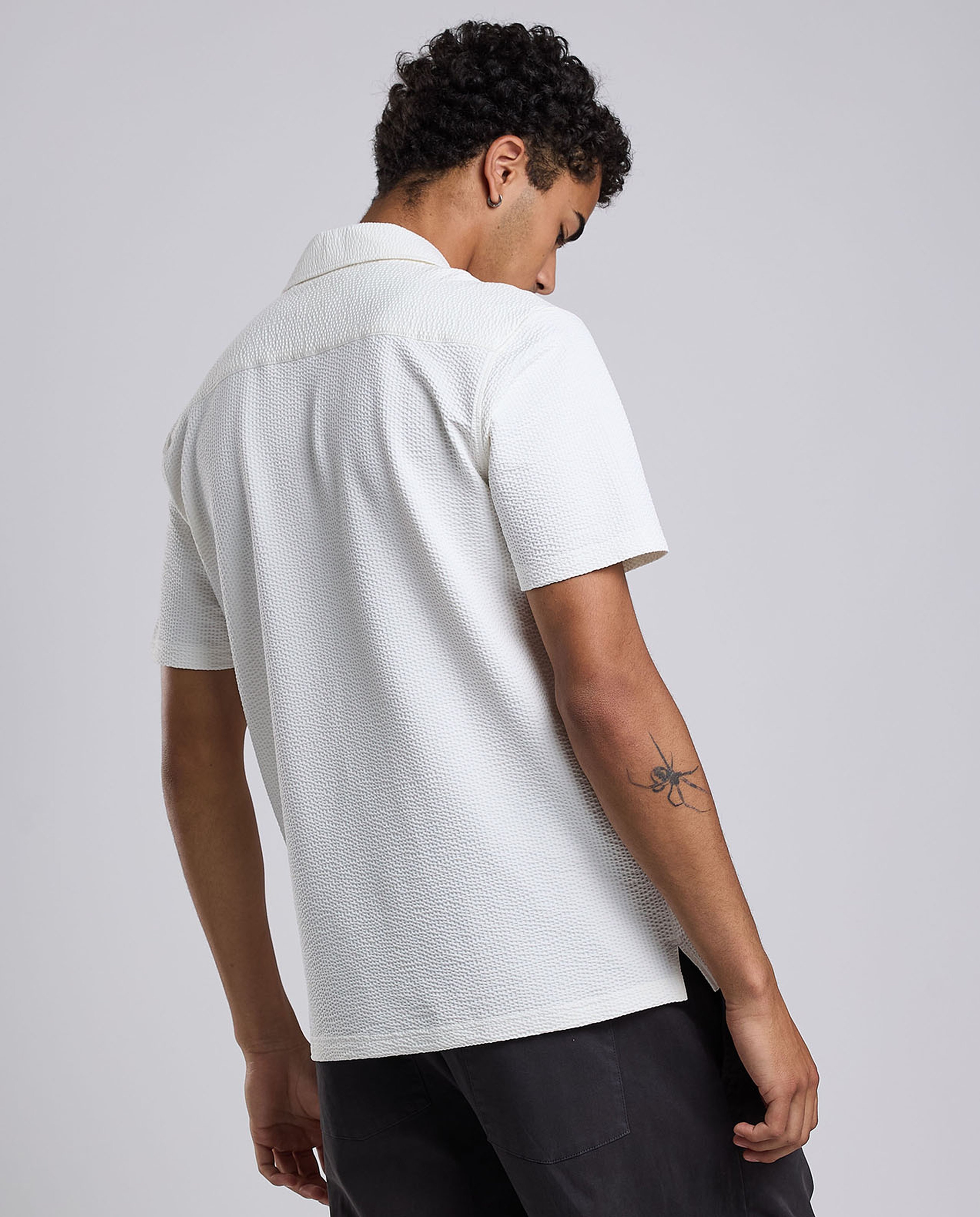 Textured Shirt with Revere Collar and Short Sleeves