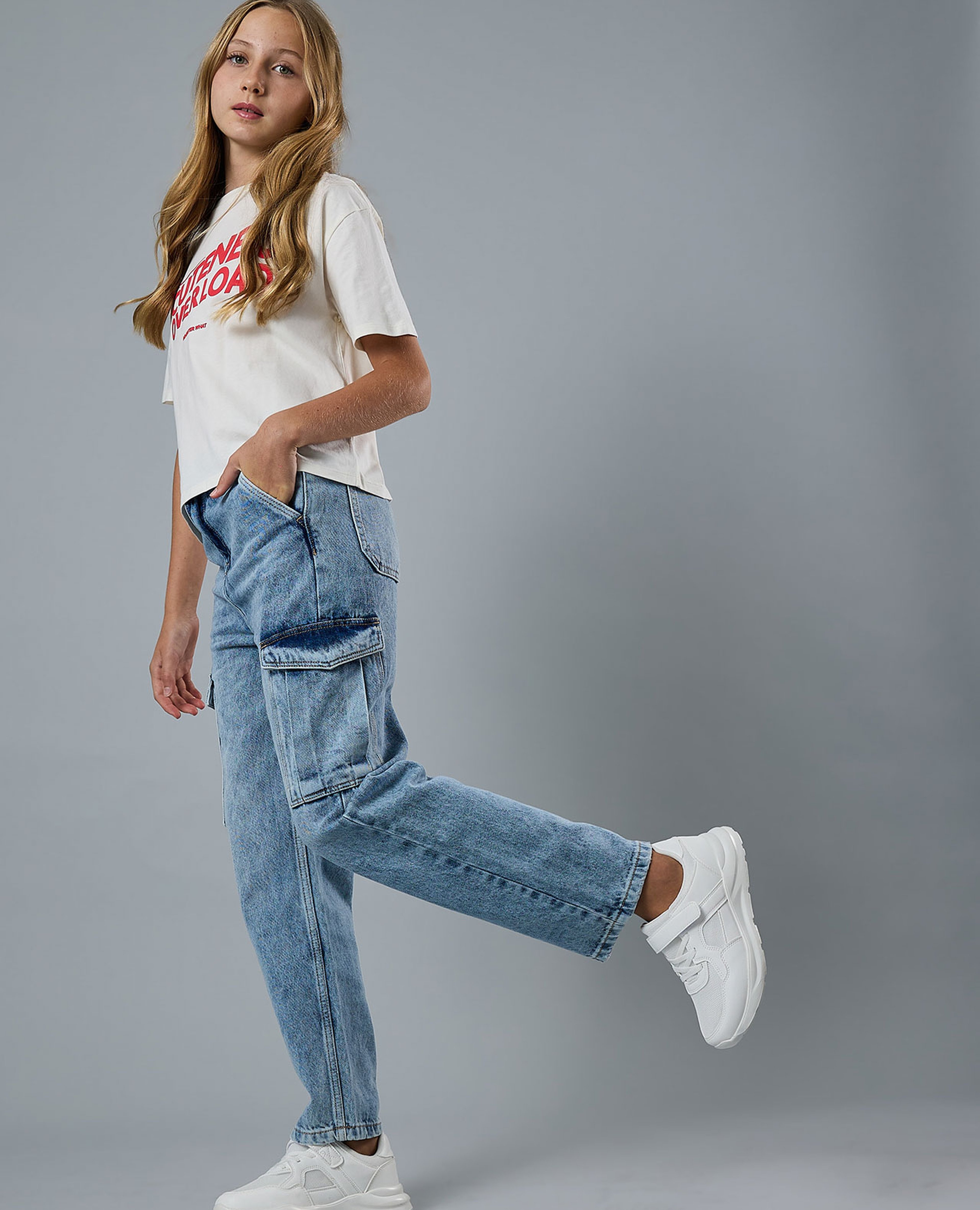 Washed Cargo Jeans with Button Closure