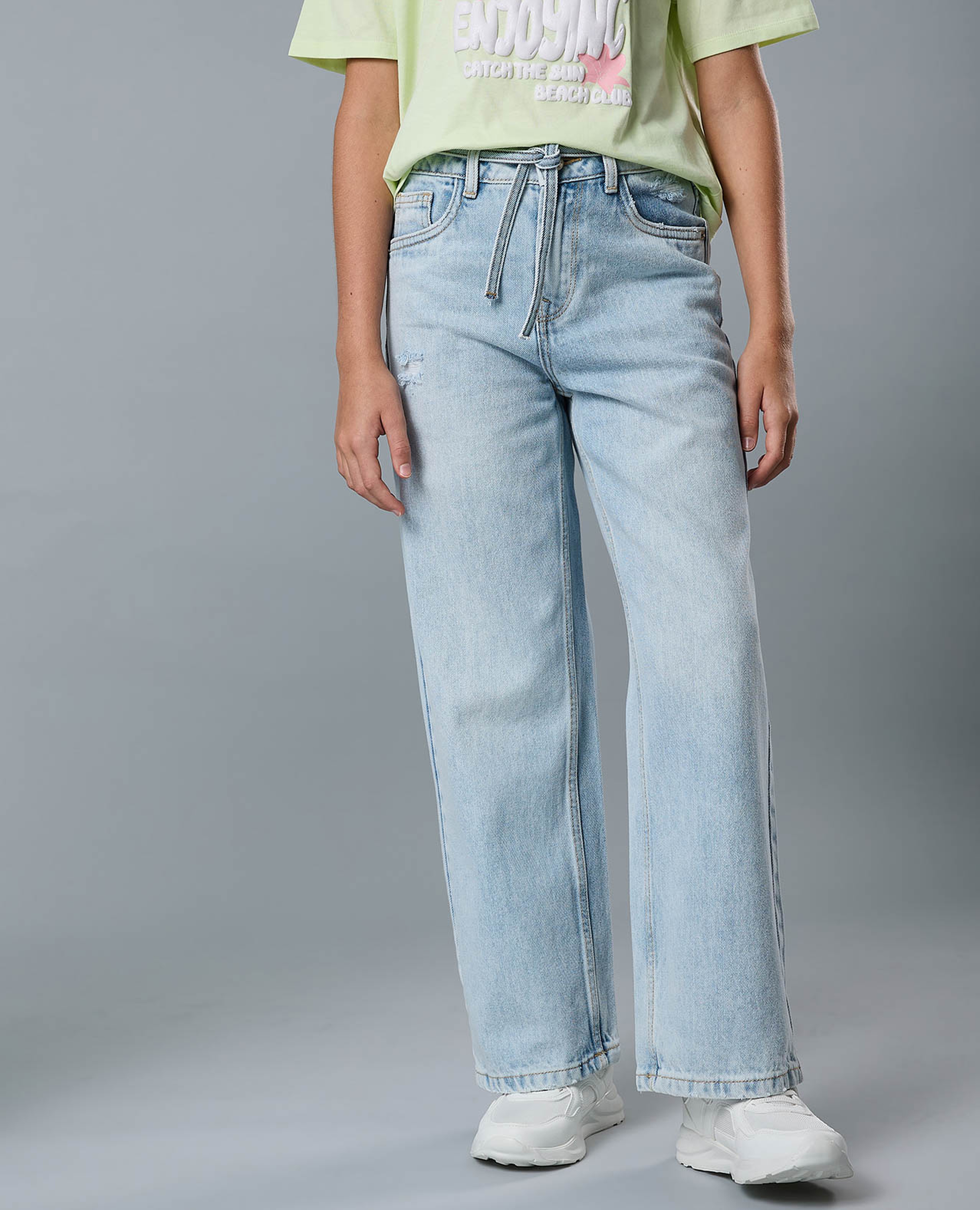 Faded Straight Fit Jeans with Drawstring Waist