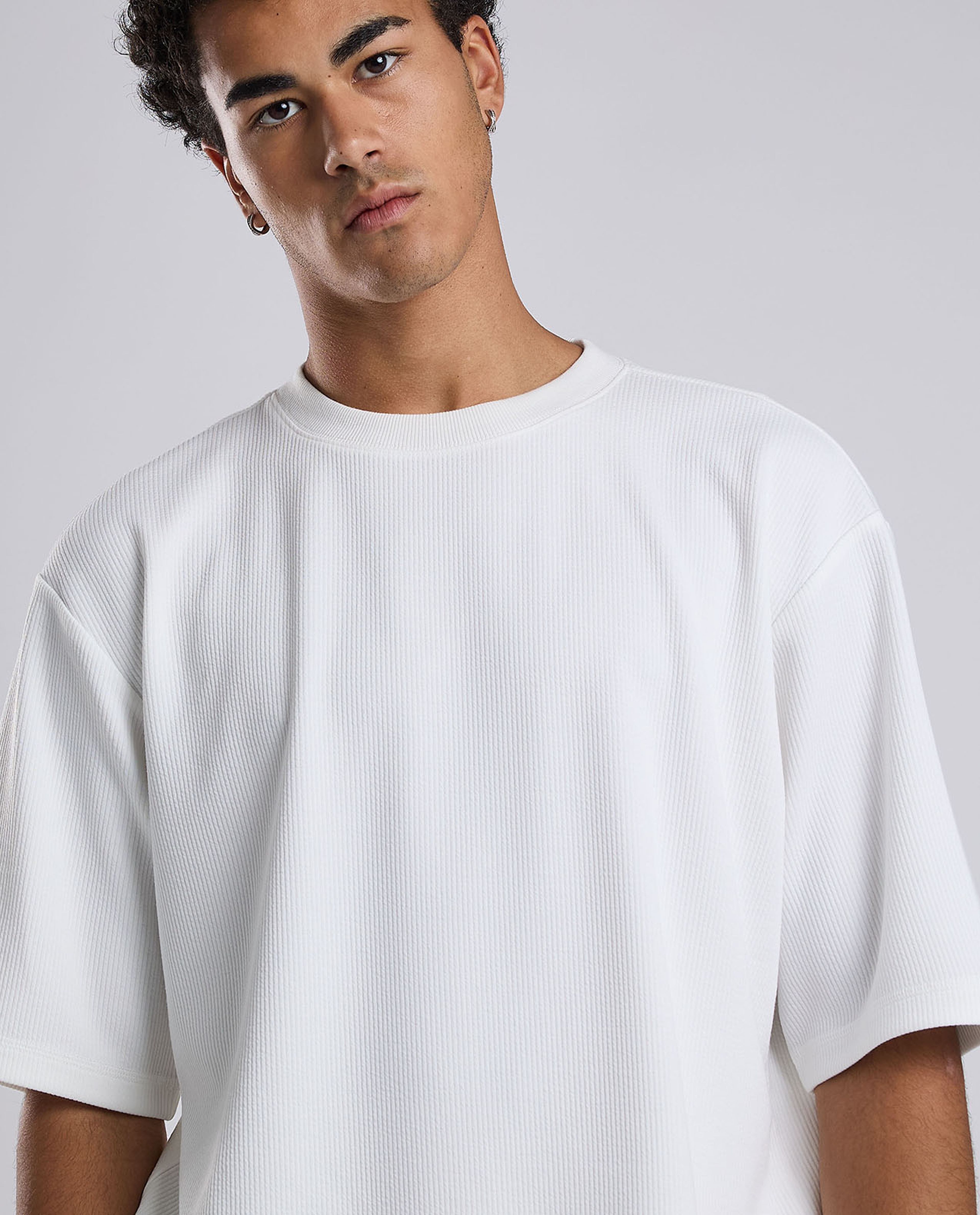 Textured T-Shirt with Crew Neck and Short Sleeves