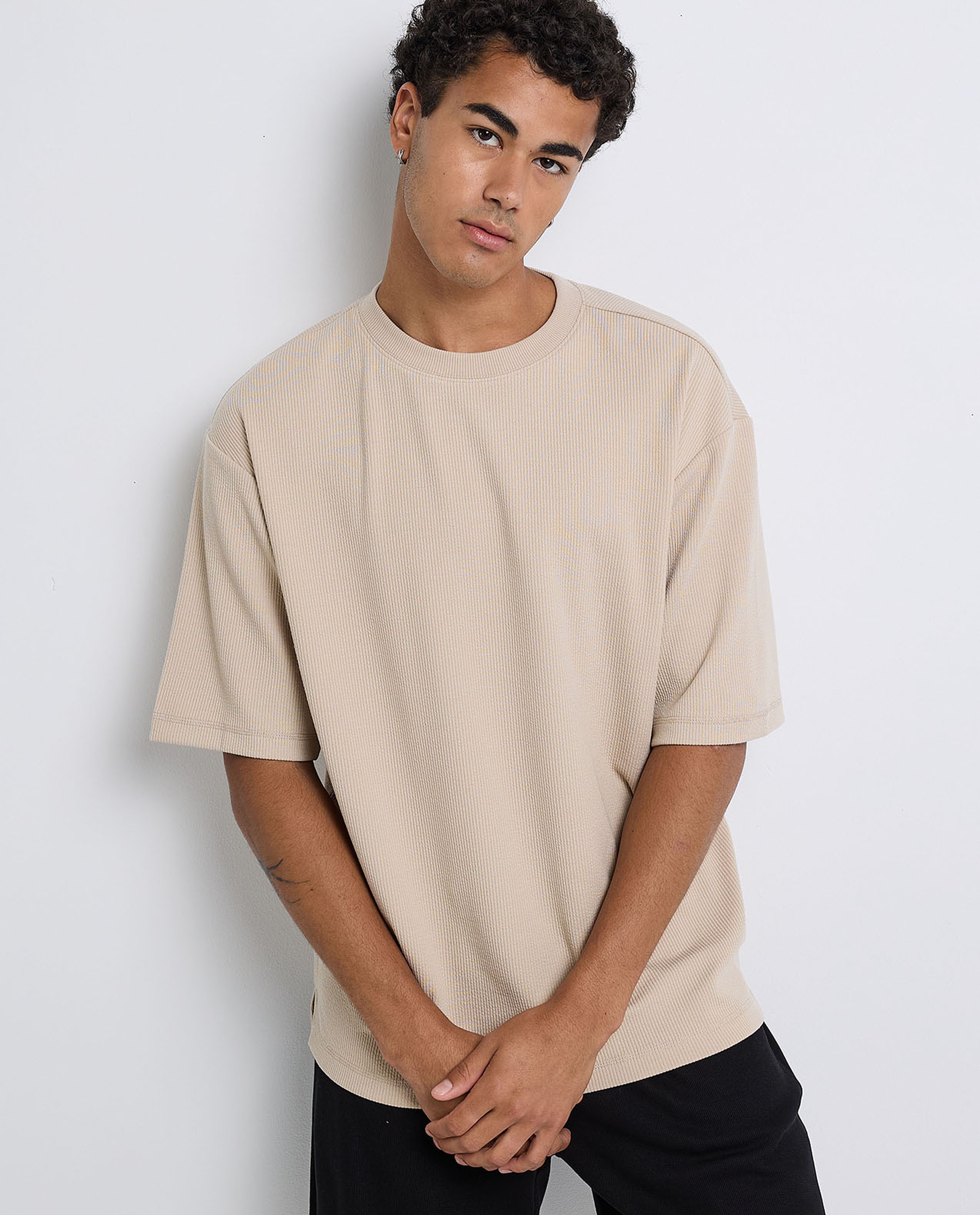 Textured T-Shirt with Crew Neck and Short Sleeves