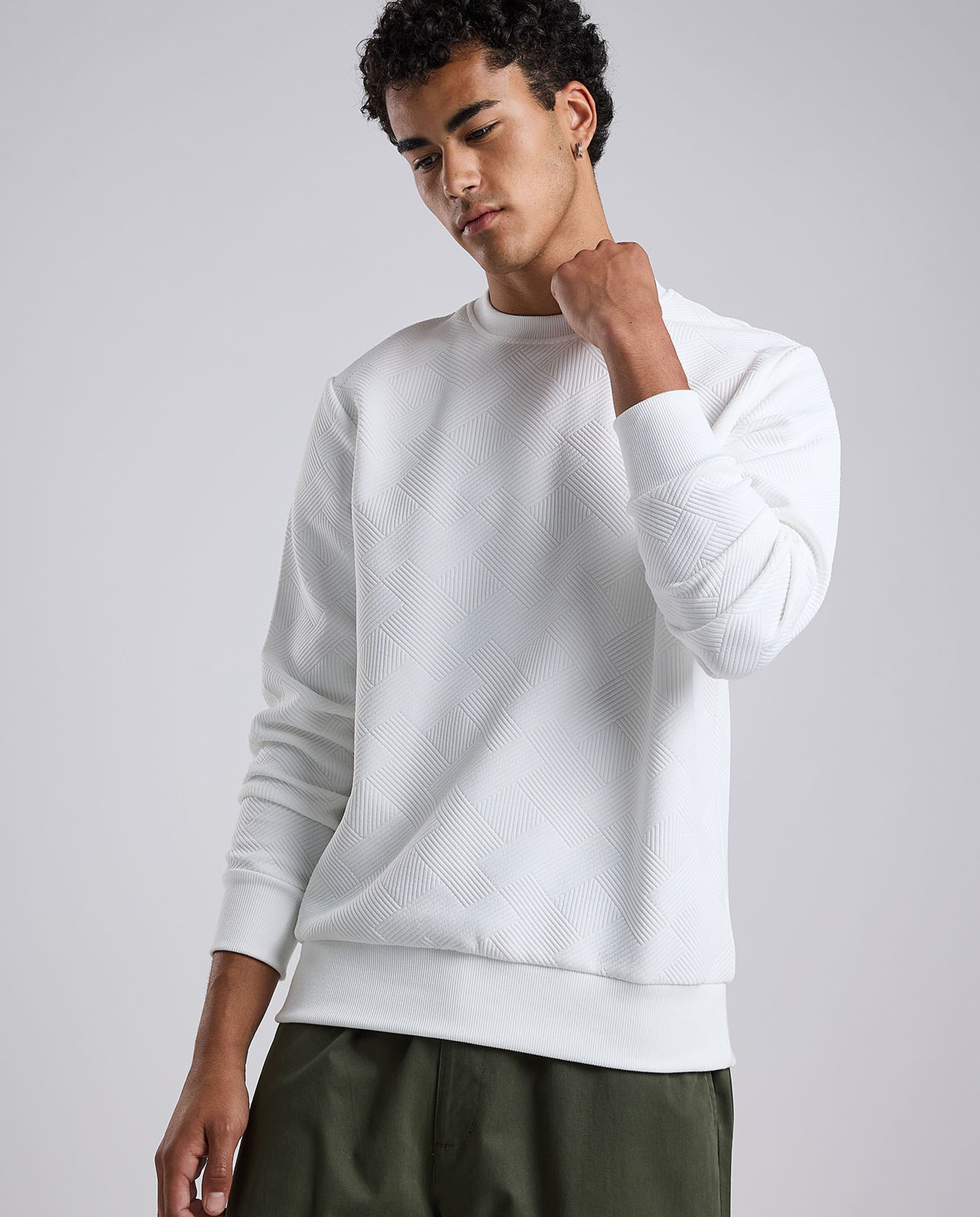 Self Patterned Sweatshirt with Crew Neck and Long Sleeves
