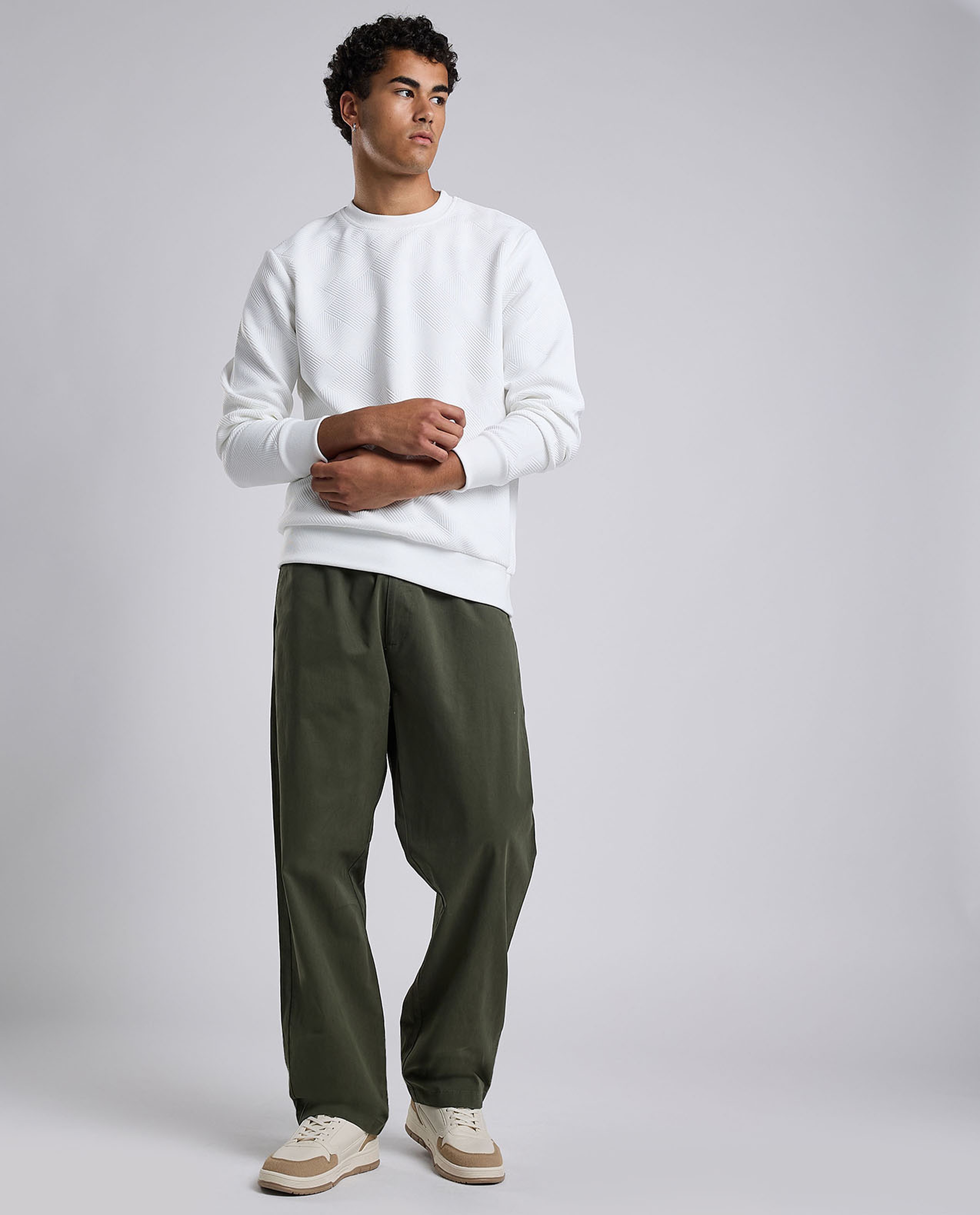 Self Patterned Sweatshirt with Crew Neck and Long Sleeves