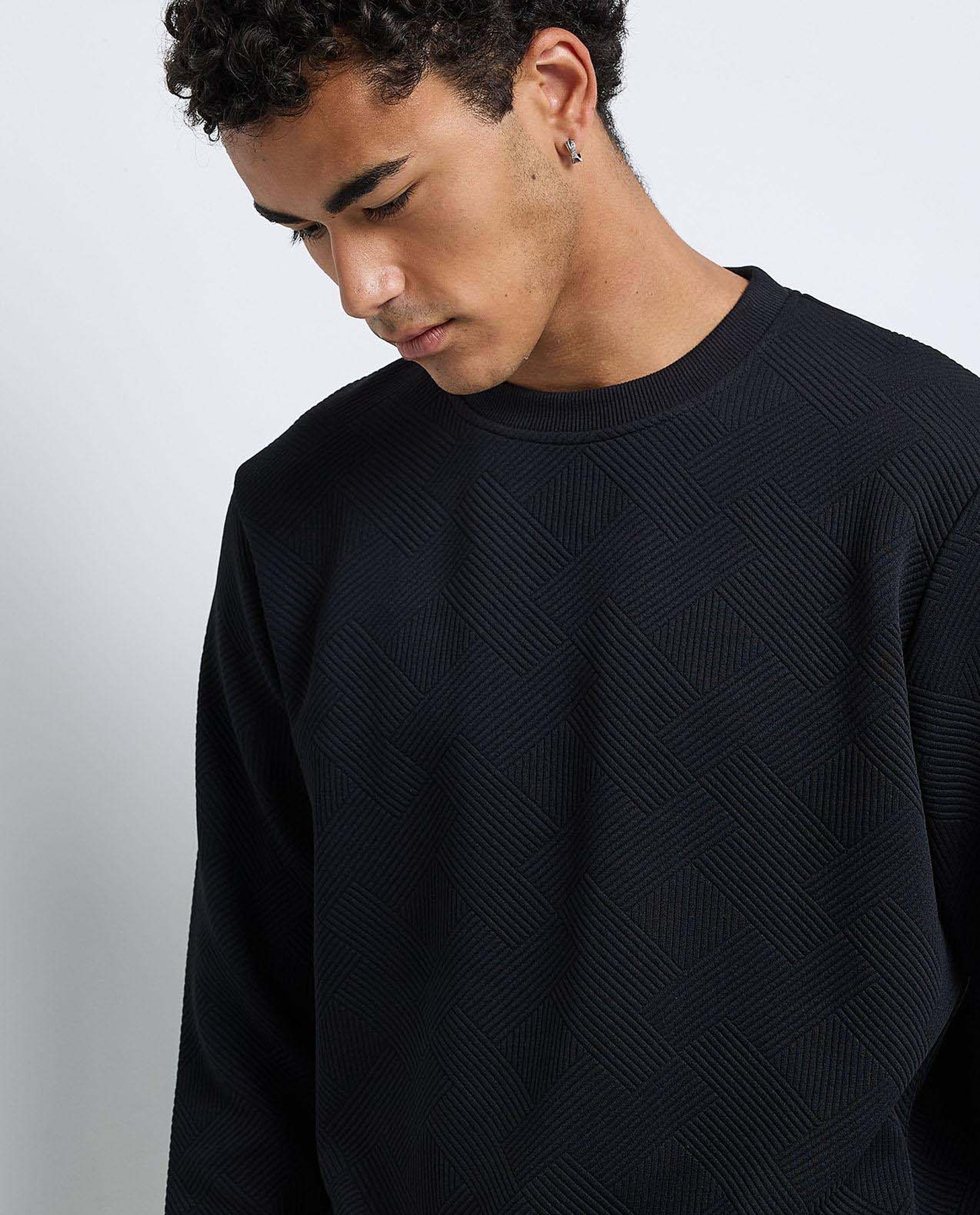 Self Patterned Sweatshirt with Crew Neck and Long Sleeves