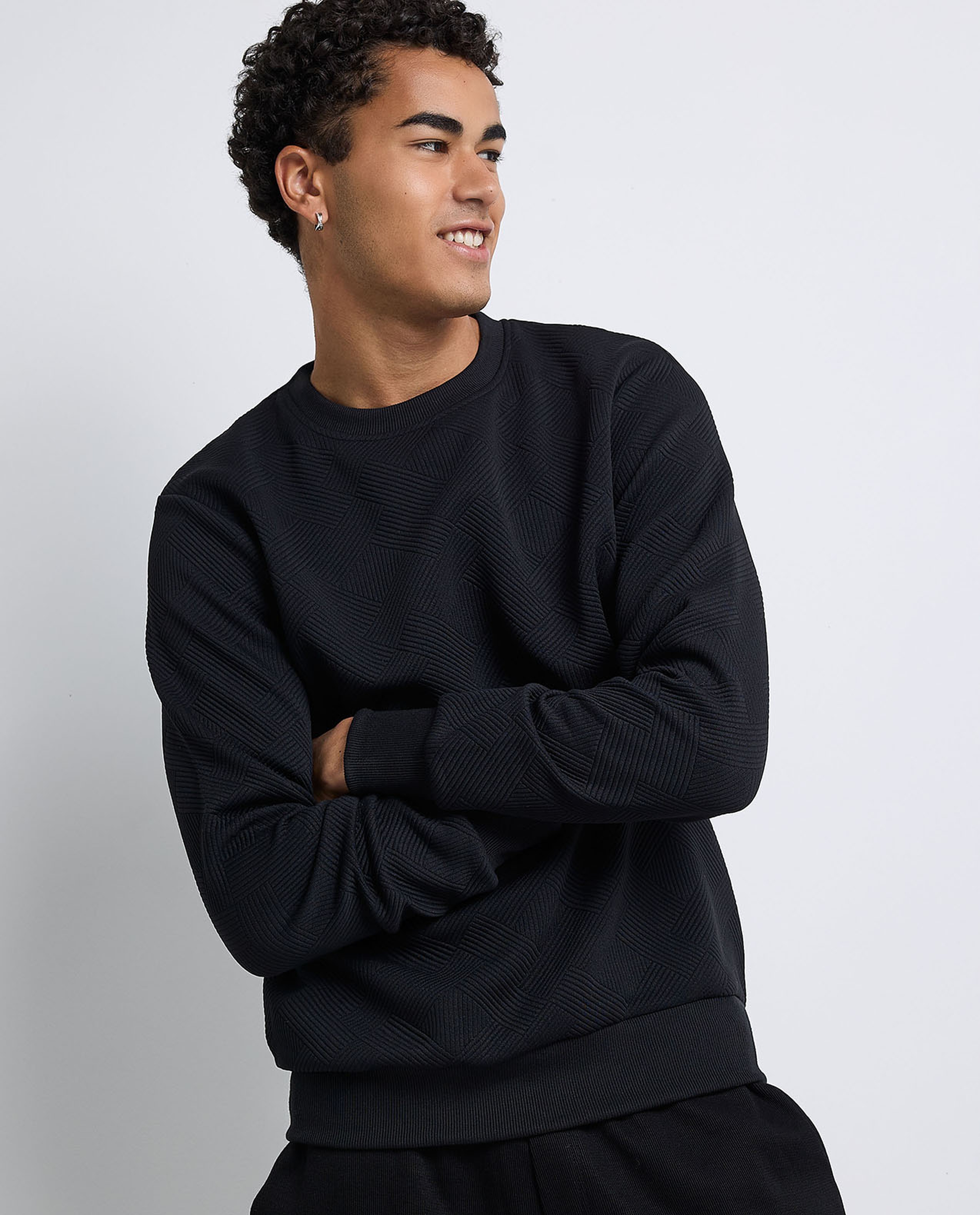 Self Patterned Sweatshirt with Crew Neck and Long Sleeves