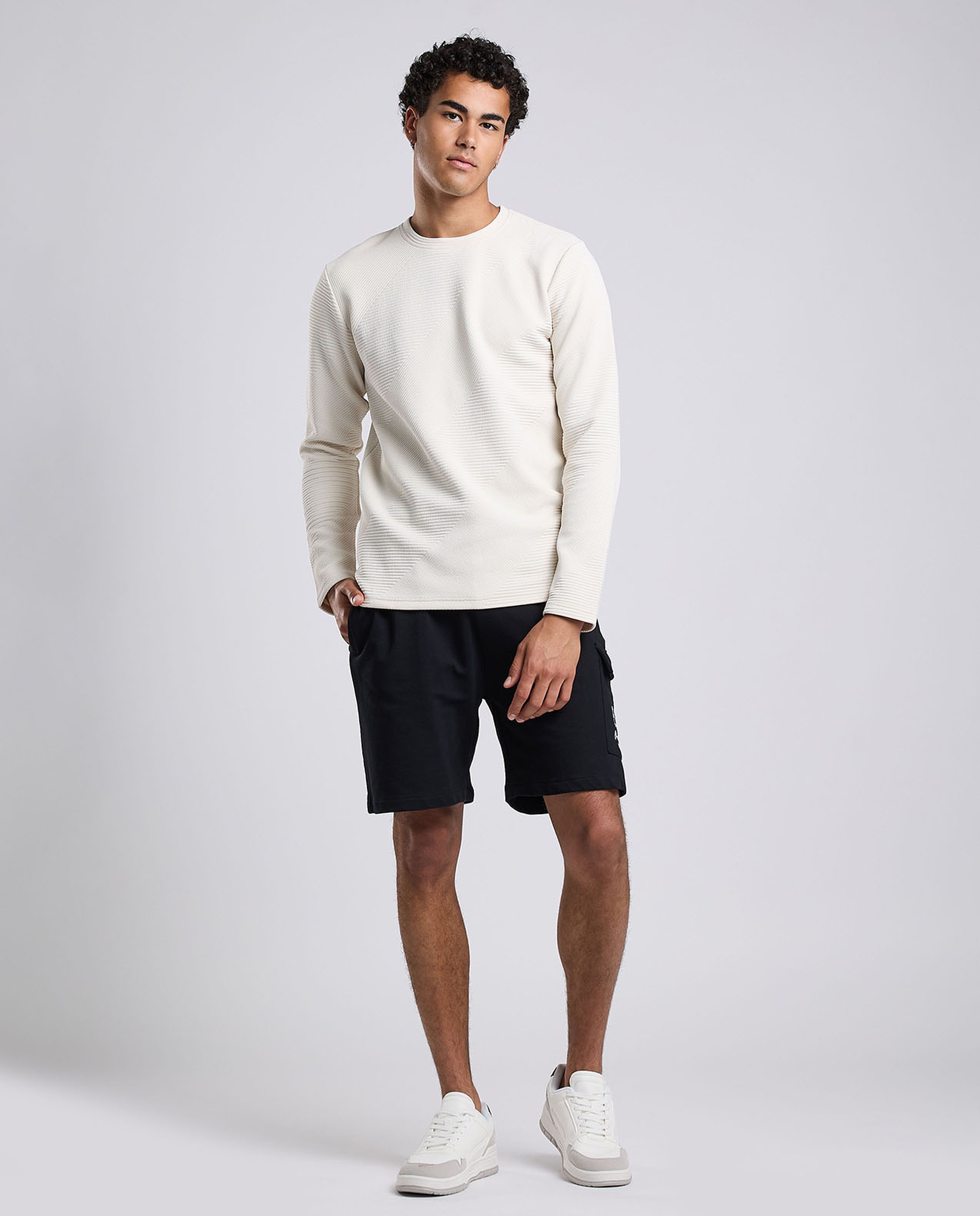Textured T-Shirt with Crew Neck and Long Sleeves