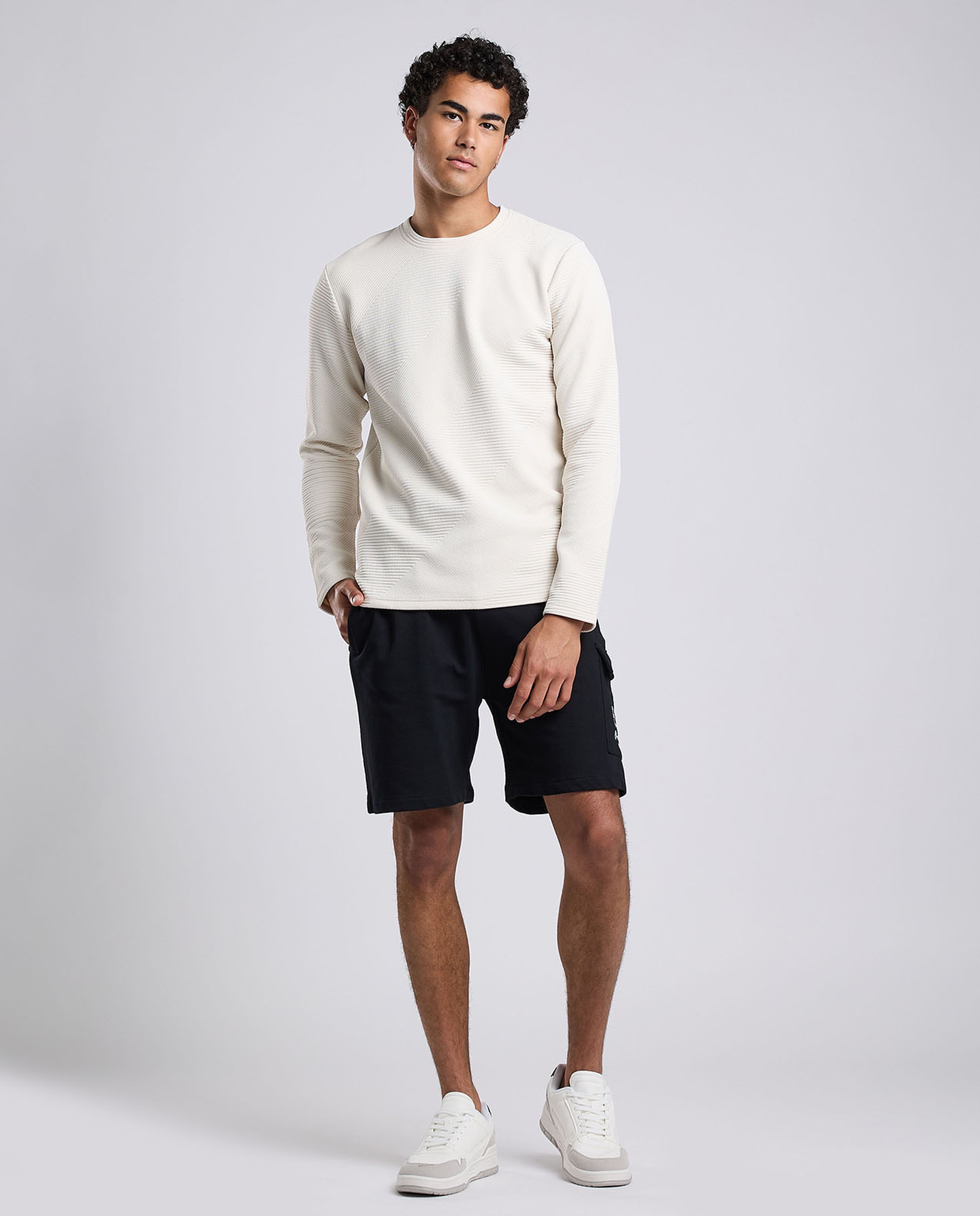 Textured T-Shirt with Crew Neck and Long Sleeves