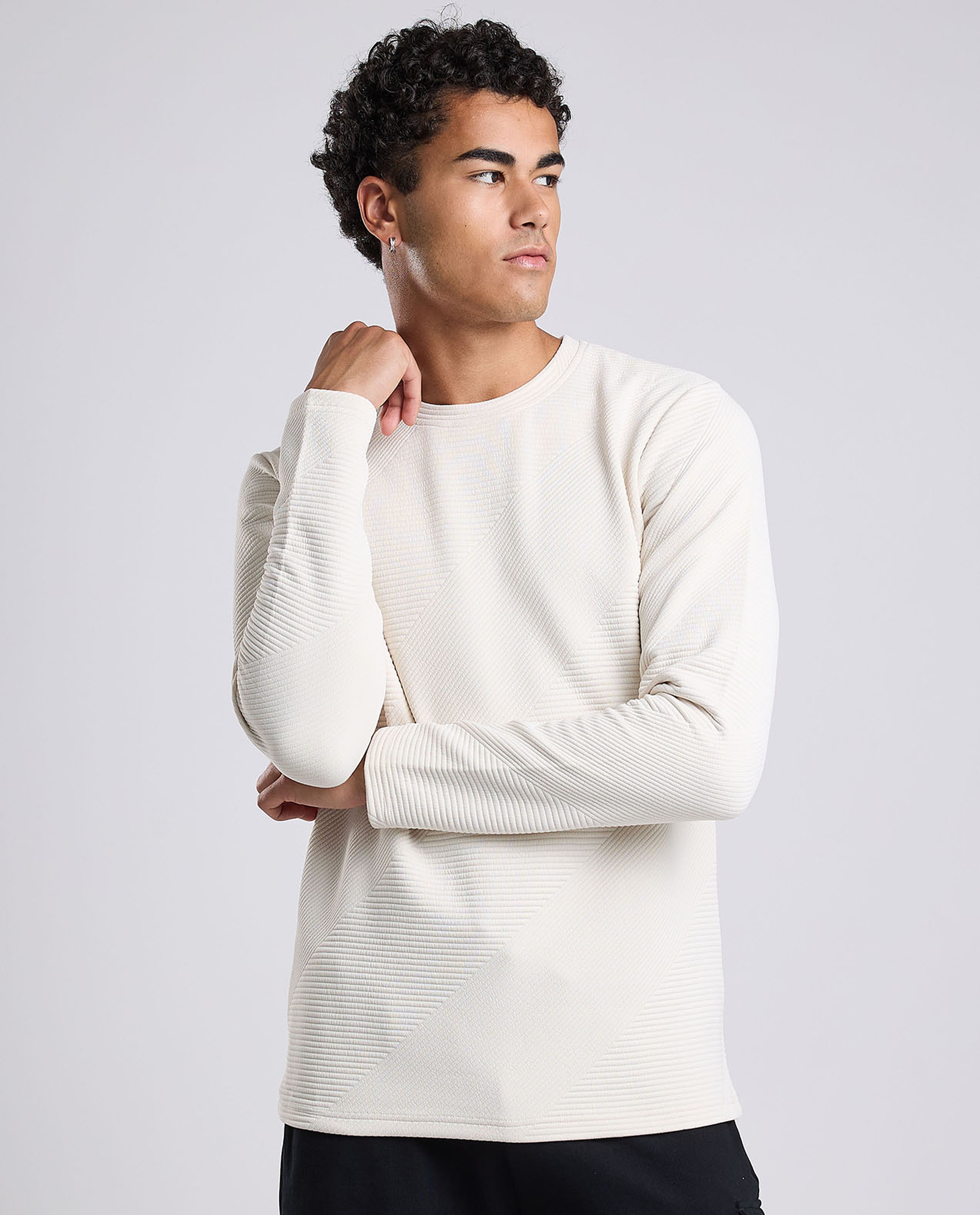 Textured T-Shirt with Crew Neck and Long Sleeves