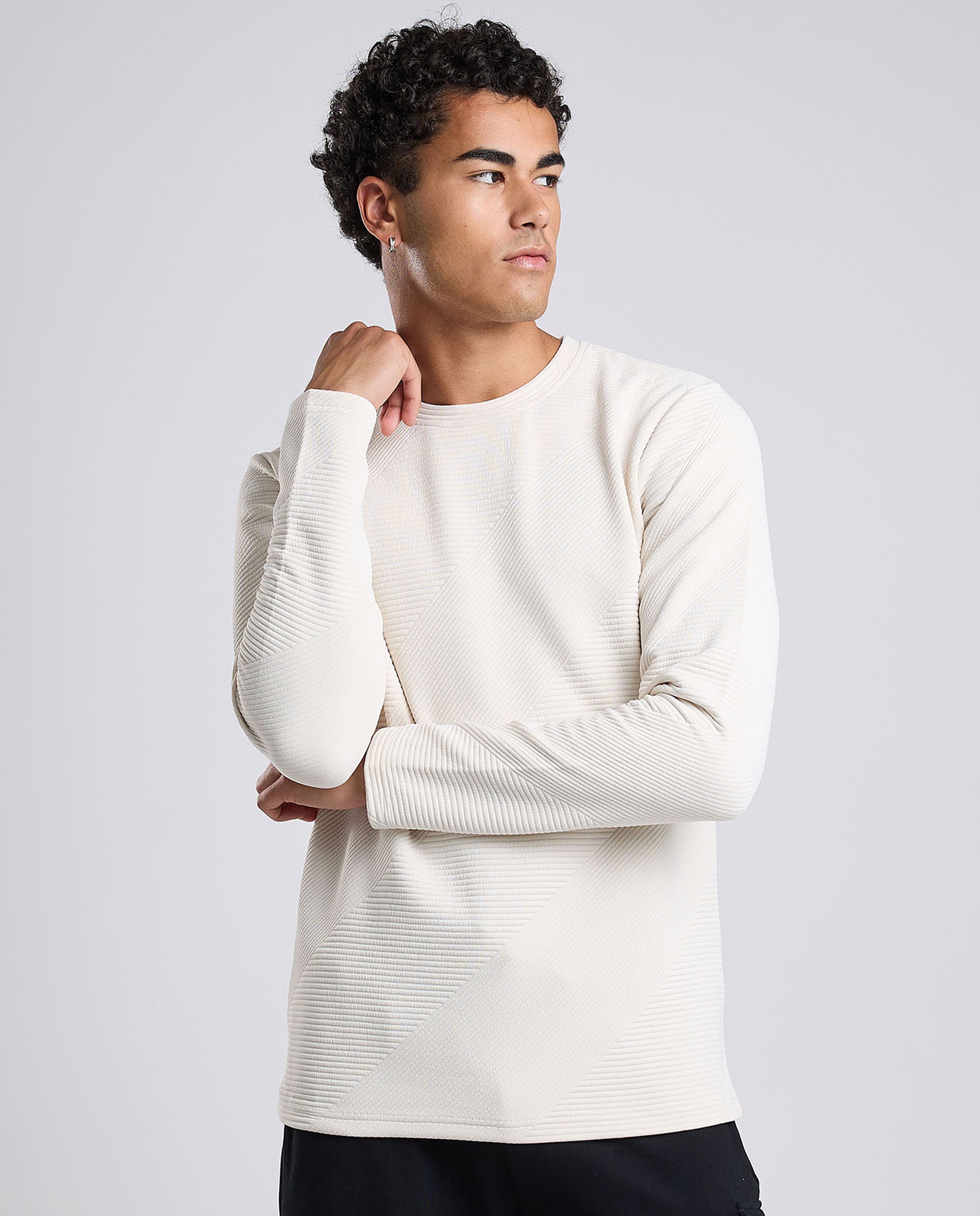 Textured T-Shirt with Crew Neck and Long Sleeves